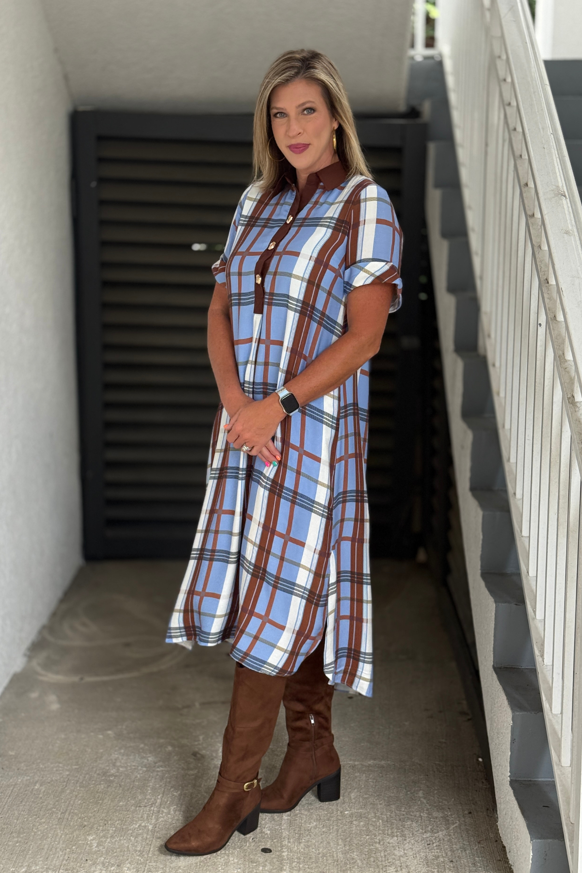 Back view of Chocolate Sky Plaid Midi Dress