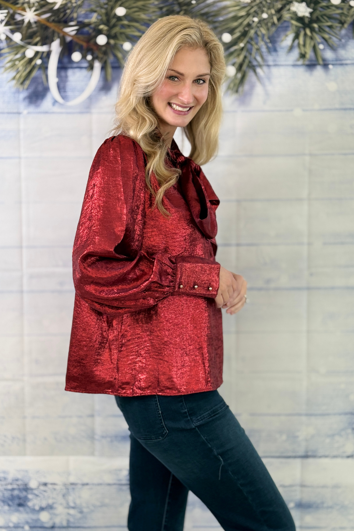 Dressy red holiday blouse with button cuffs
