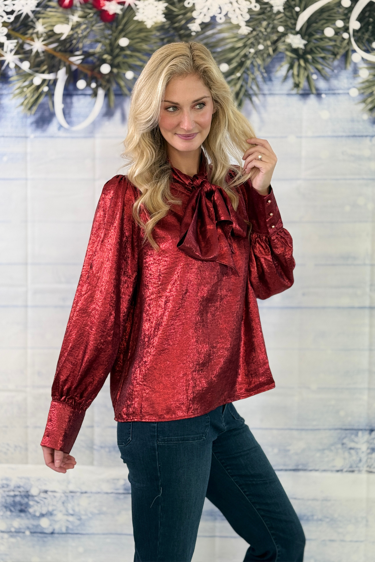 Cranberry Christmas blouse styled with denim