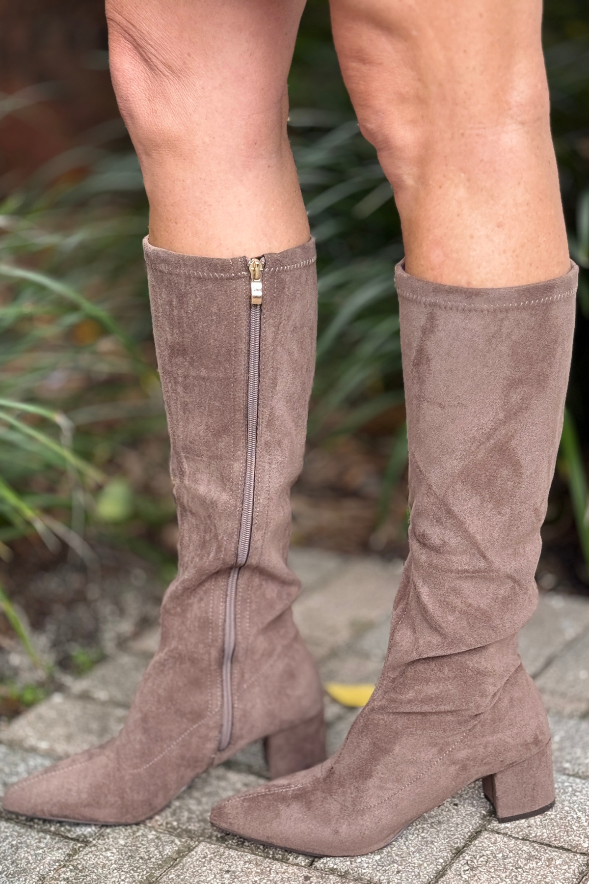 Taupe faux suede knee-high boot with inside zipper