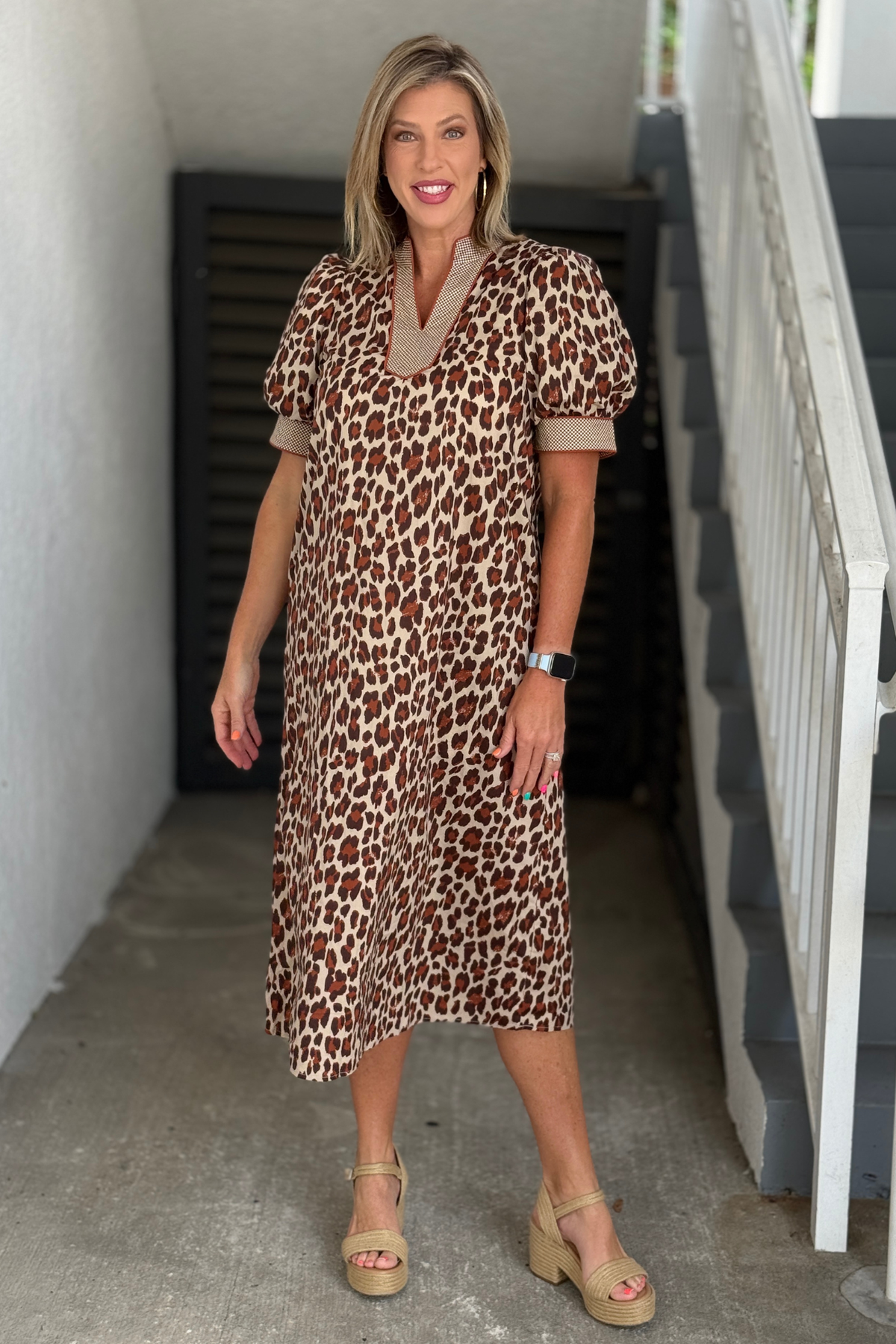 Ecru leopard print midi dress with puff sleeves