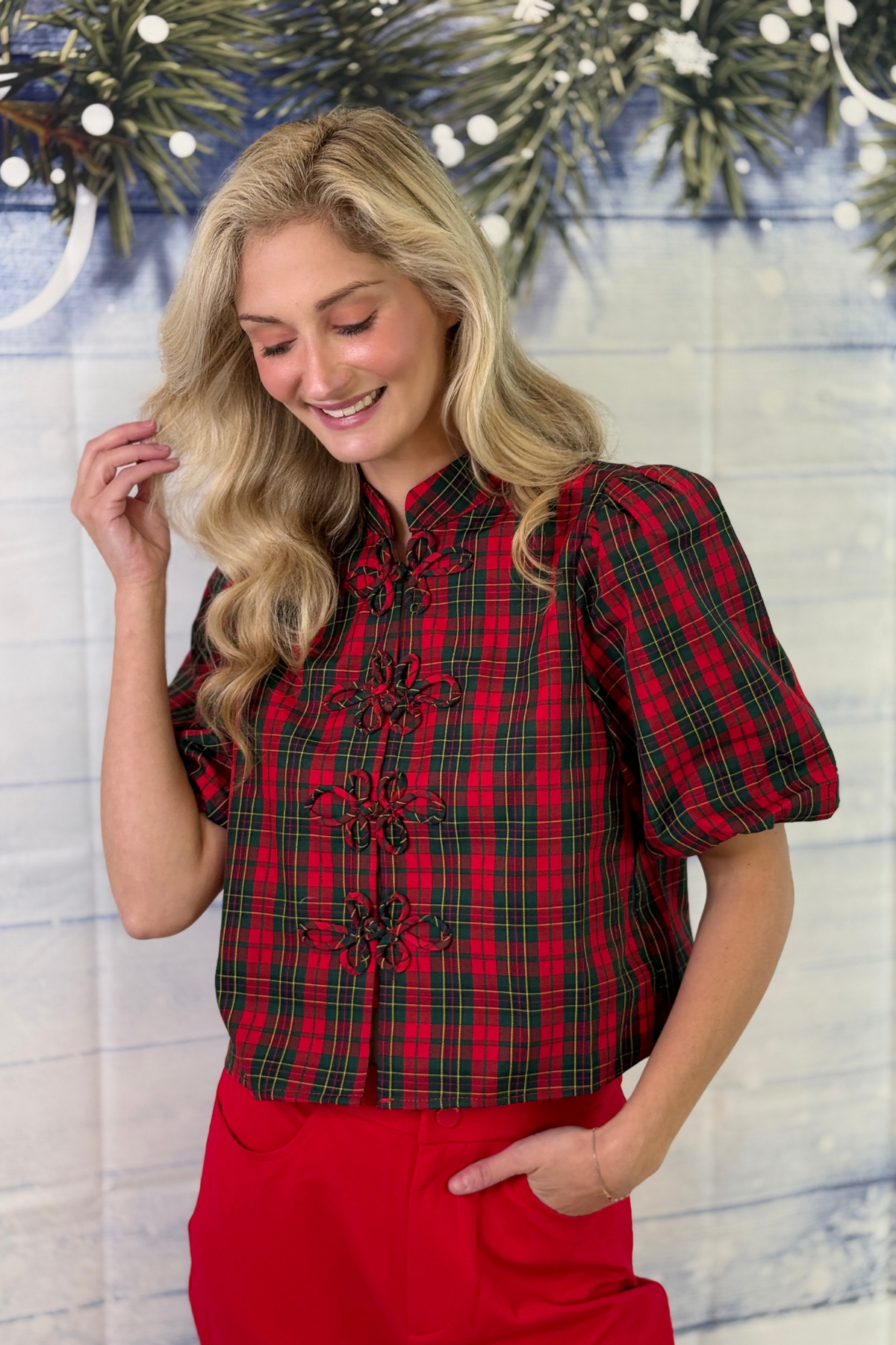 Women’s Christmas tartan puff sleeve top in red and green