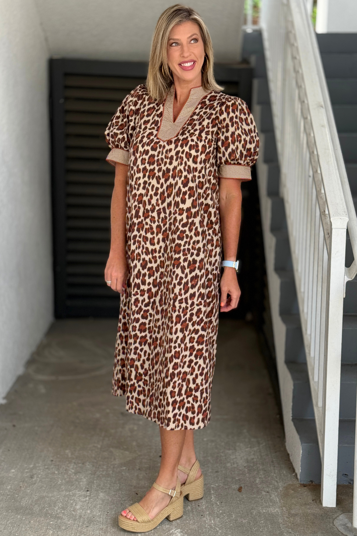 Leopard midi dress with gingham trim neckline