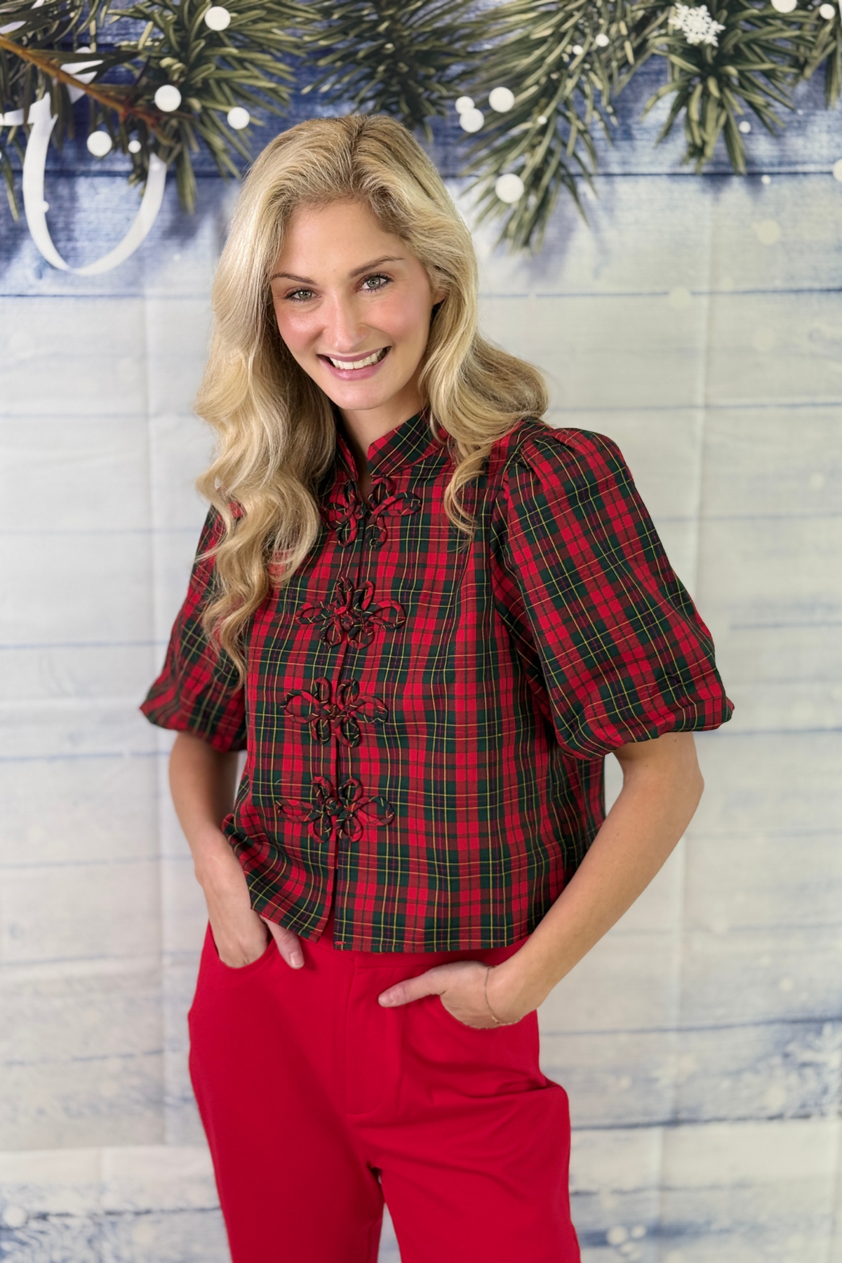 Red green plaid holiday top with puff sleeves
