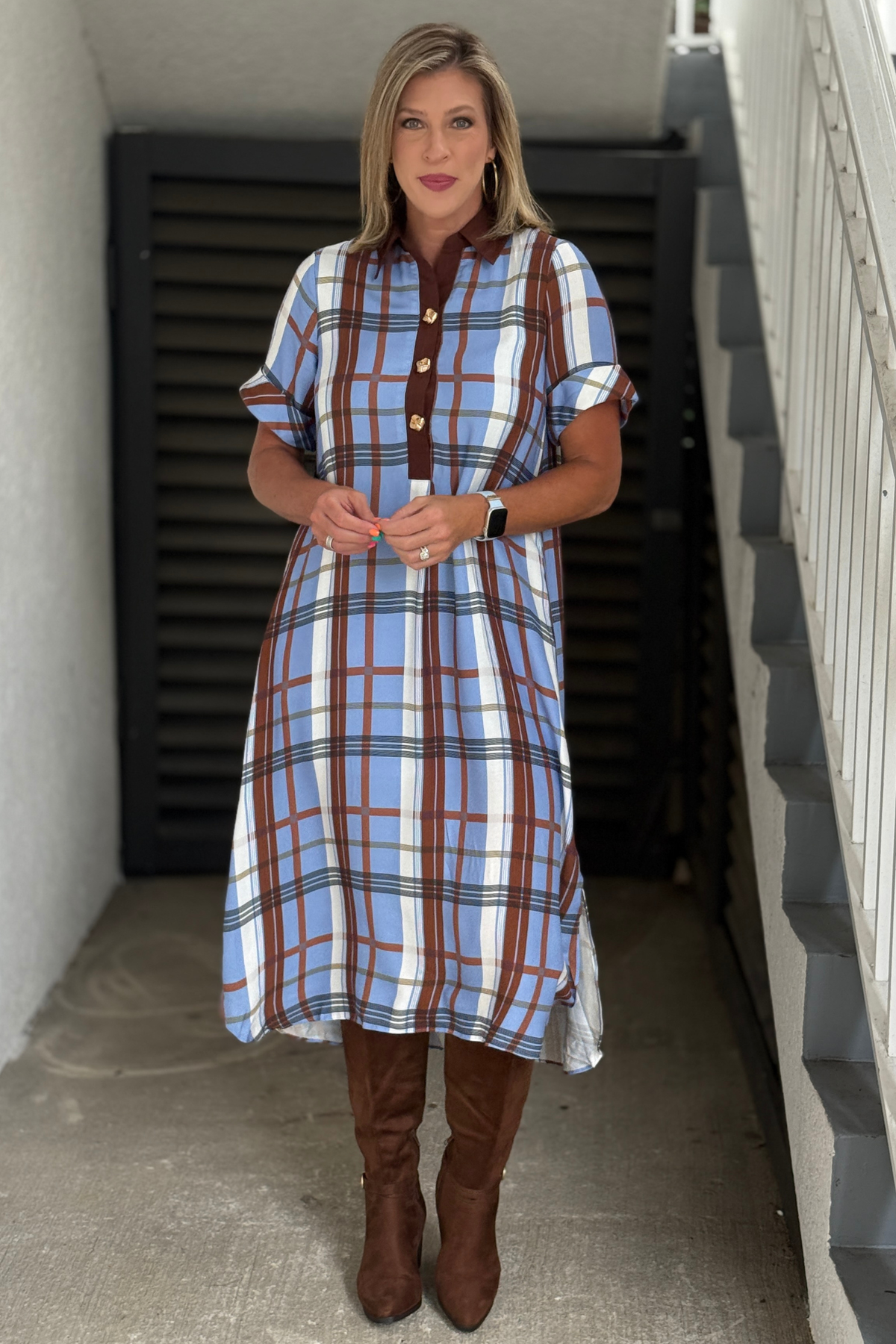 Women's blue and chocolate plaid midi dress with gold buttons
