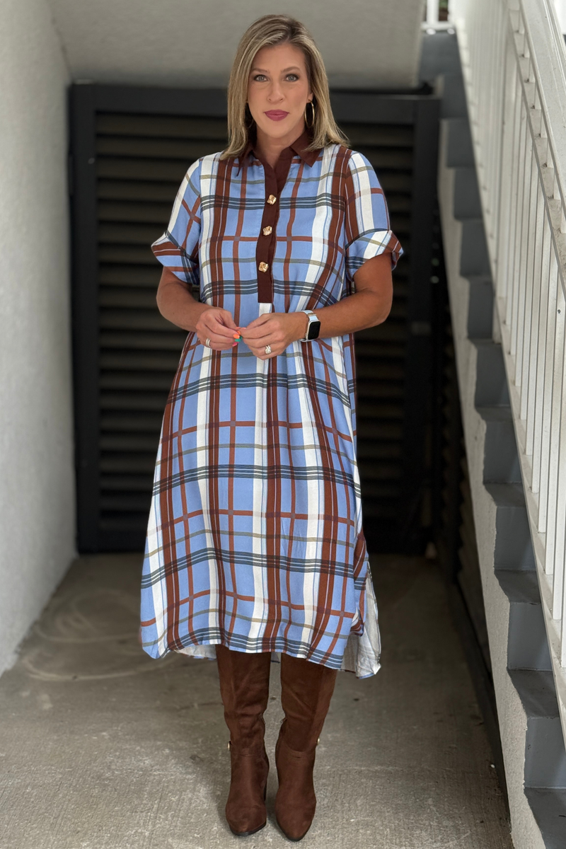 Women's blue and chocolate plaid midi dress with gold buttons