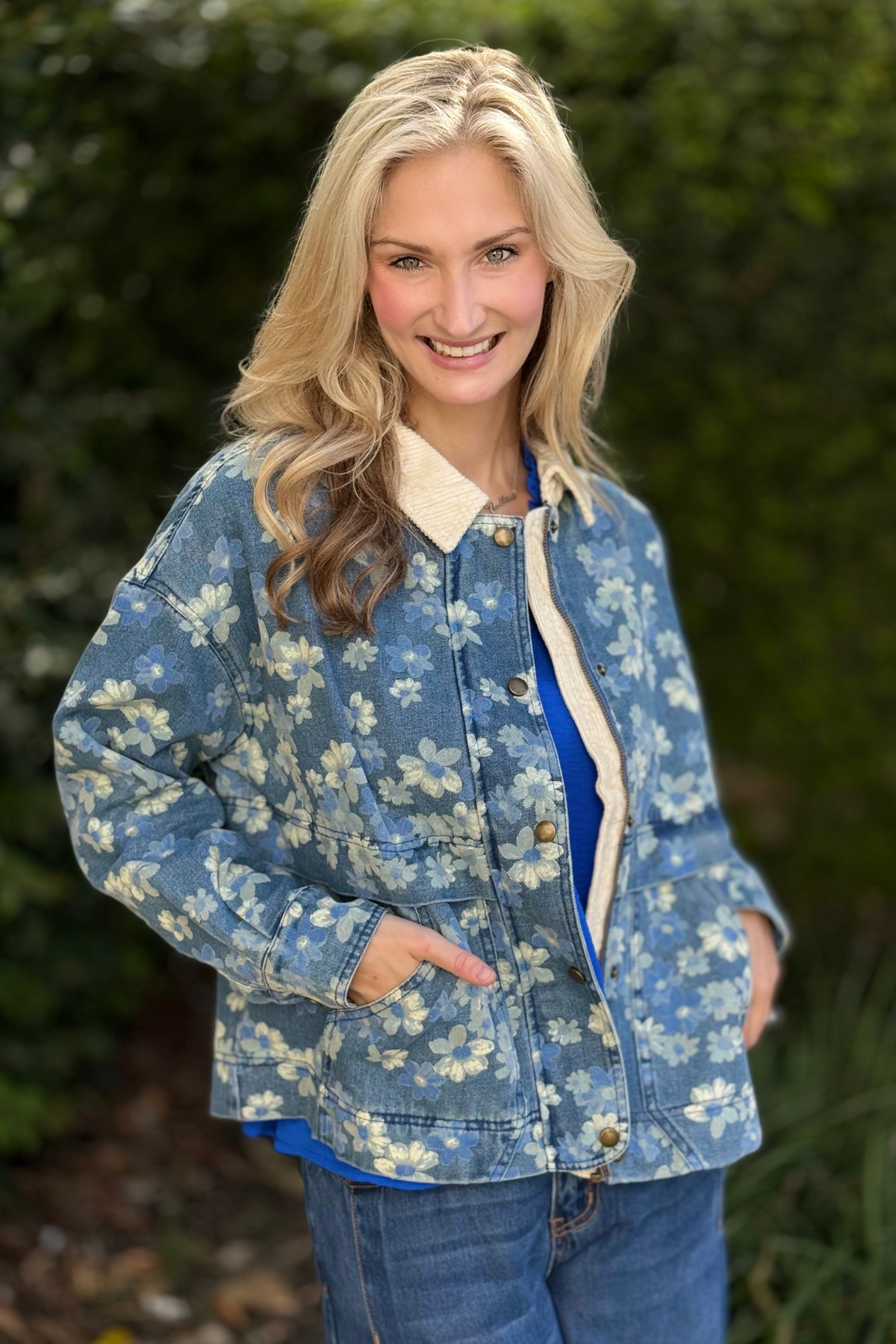 Blue Bloom floral denim jacket with cream corduroy collar