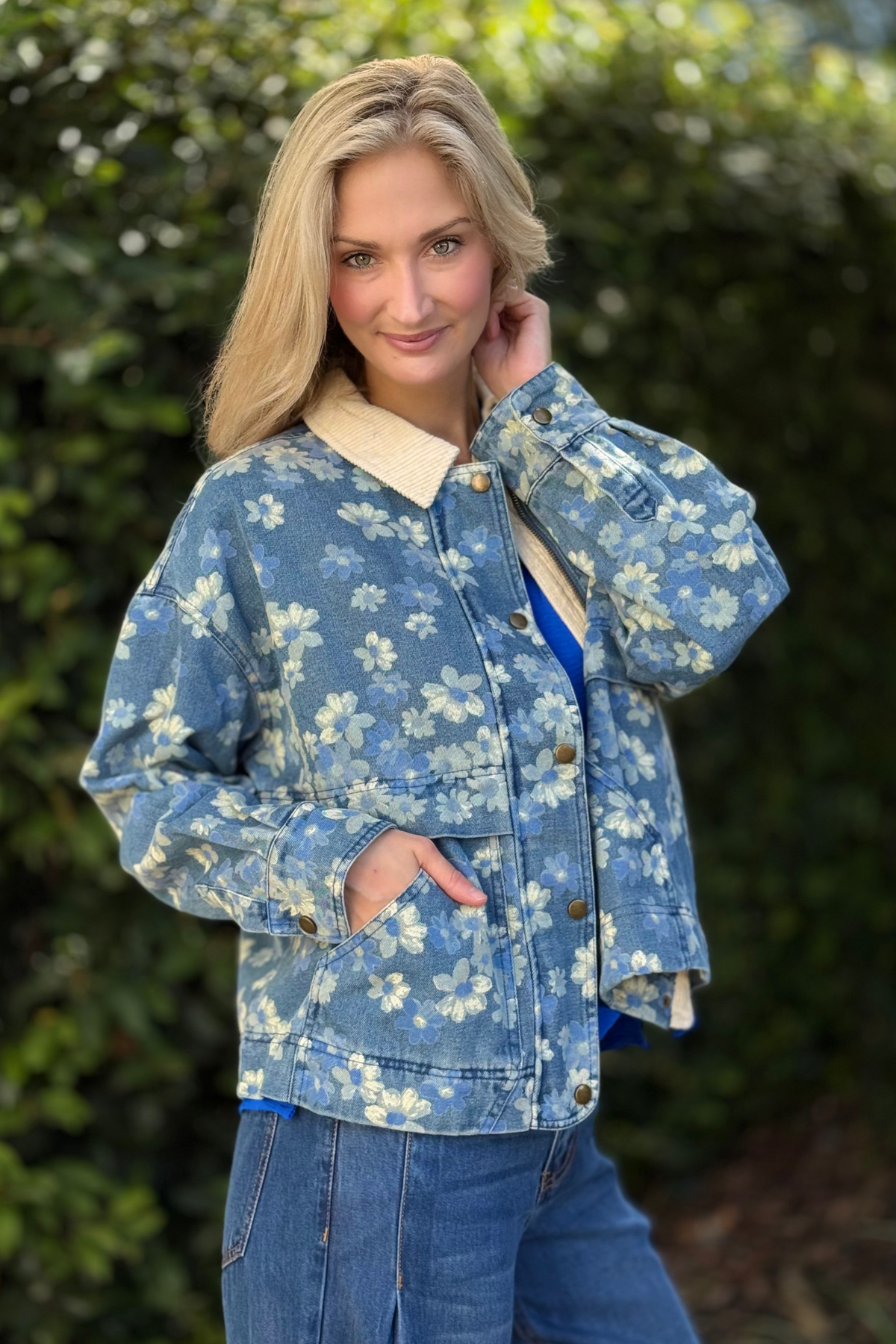 The Pink Nickel floral corduroy collar denim jacket outdoors
