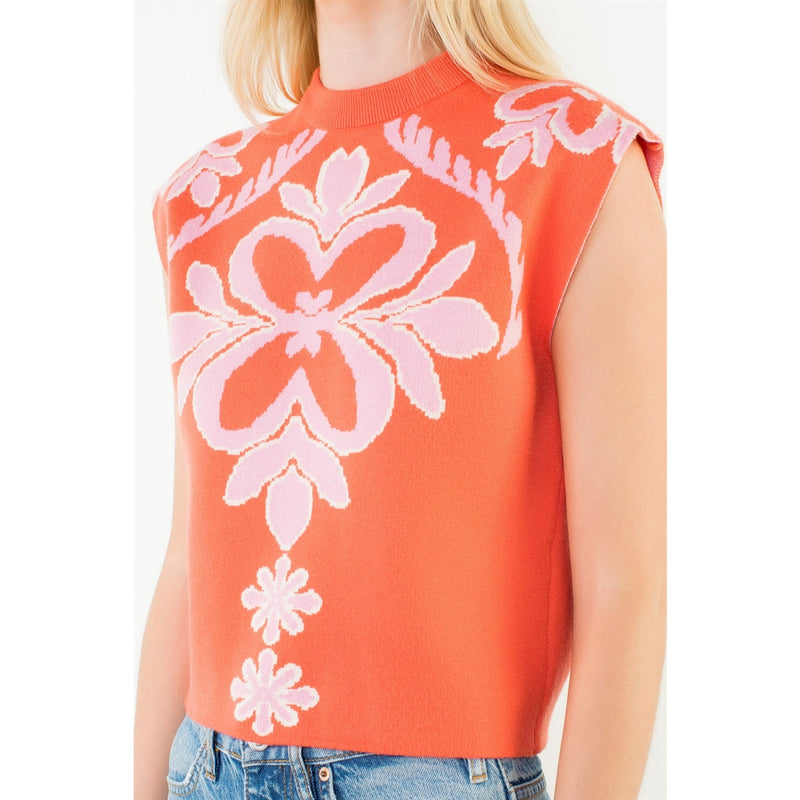 coral floral sleeveless sweater top side detail