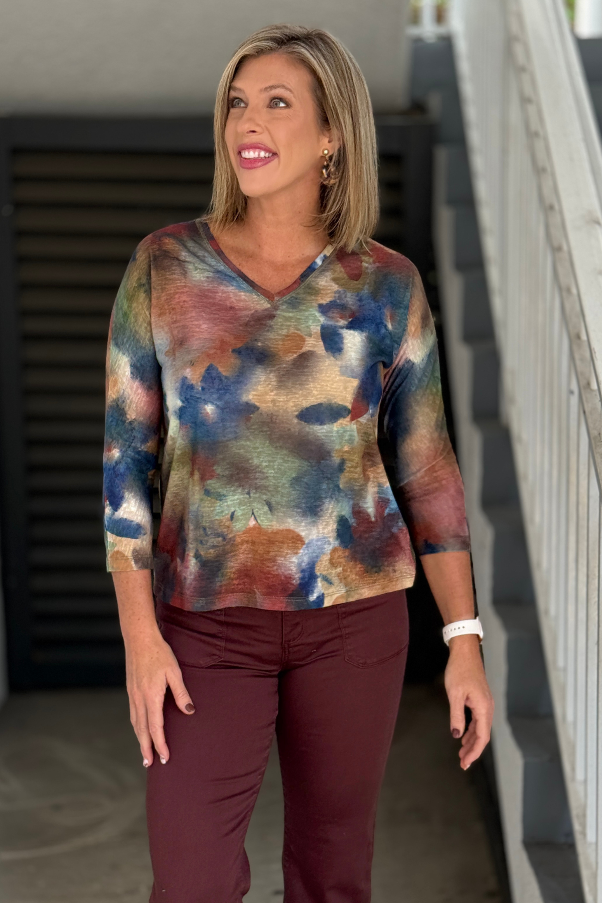 Women’s multicolor watercolor print V-neck top by FDJ