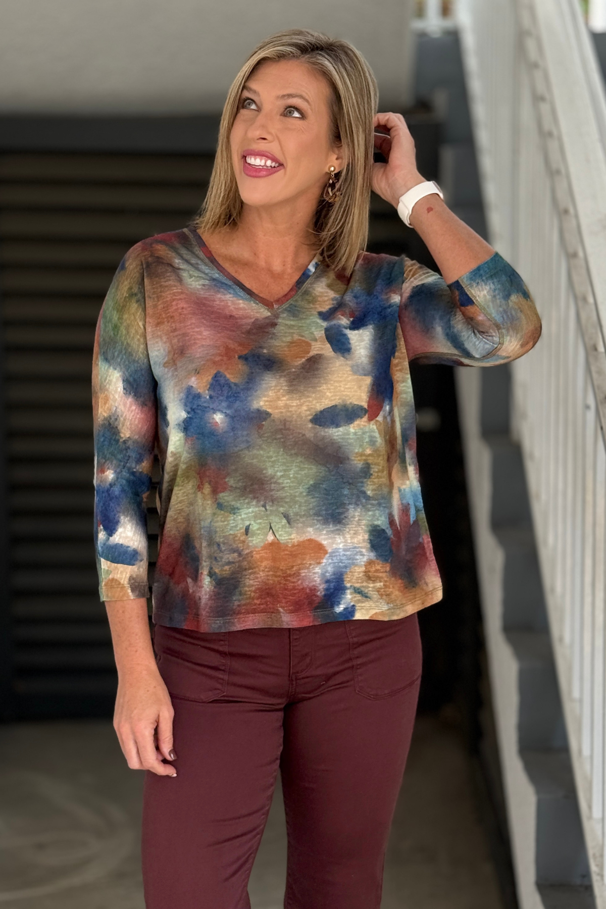 FDJ Courage print top styled with Fig straight leg pants