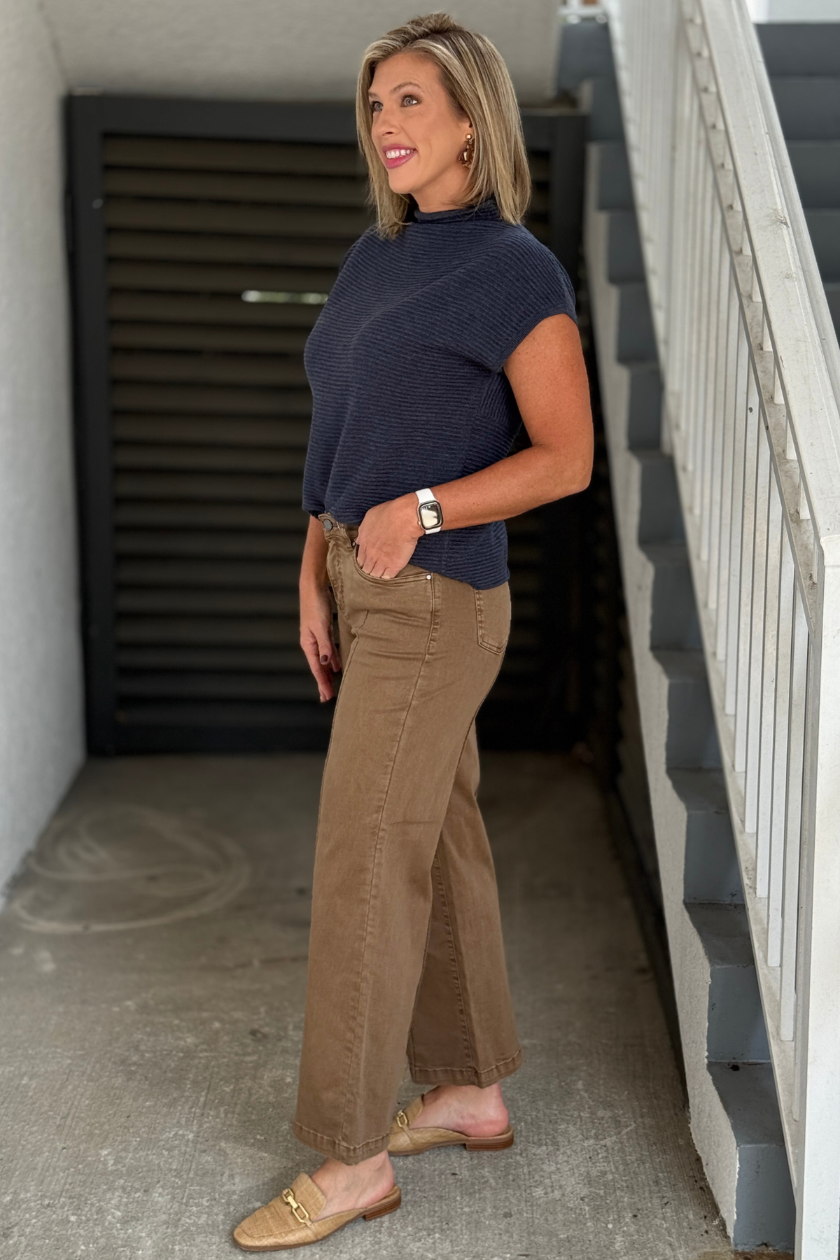 FDJ Olivia Maple denim styled with navy textured sweater