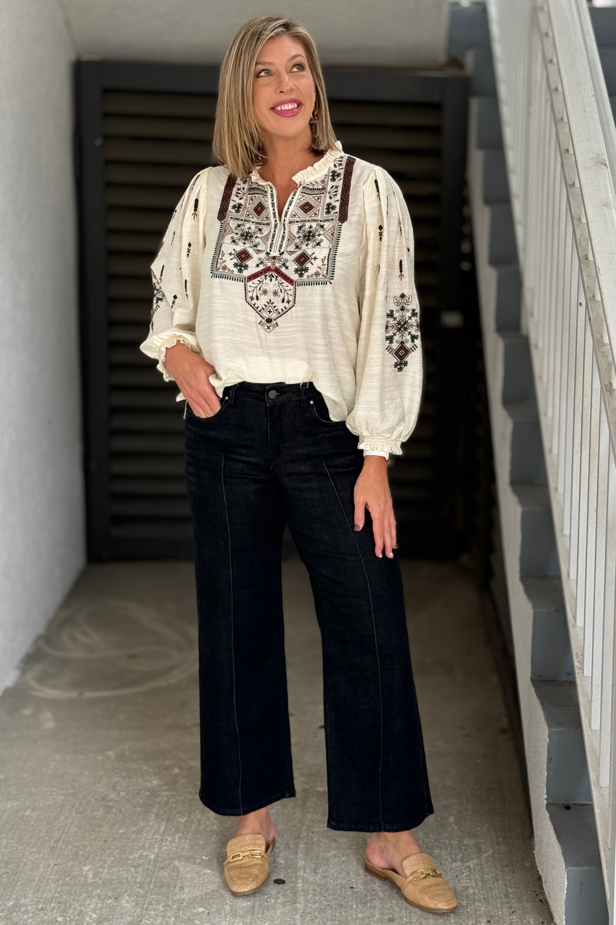 FDJ Olivia Pintuck Wide Leg Denim in Black front view