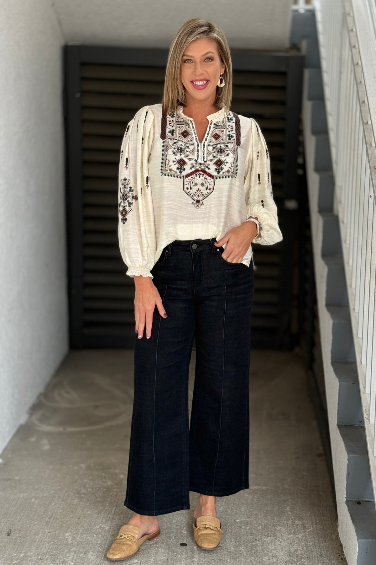 Women’s black FDJ wide leg denim with pintuck front seams