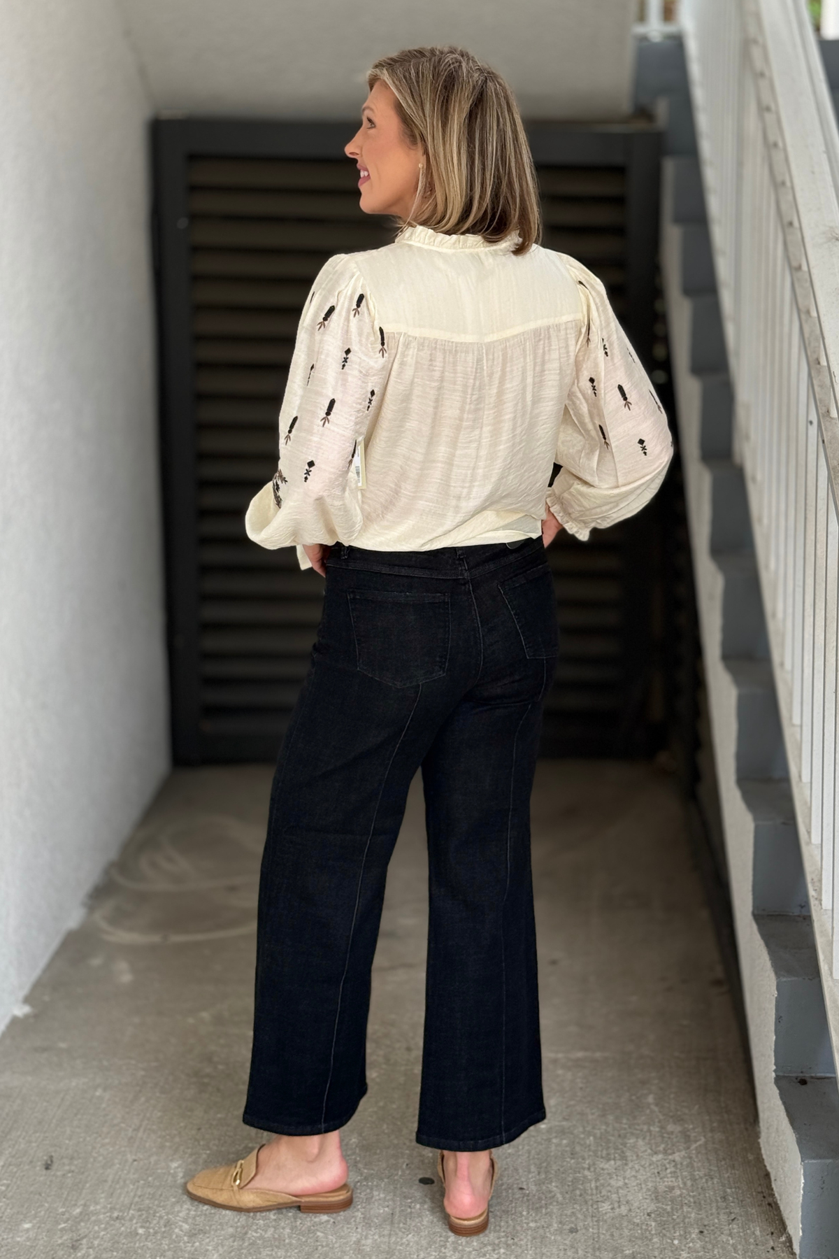 FDJ black pintuck wide leg denim styled with embroidered cream blouse