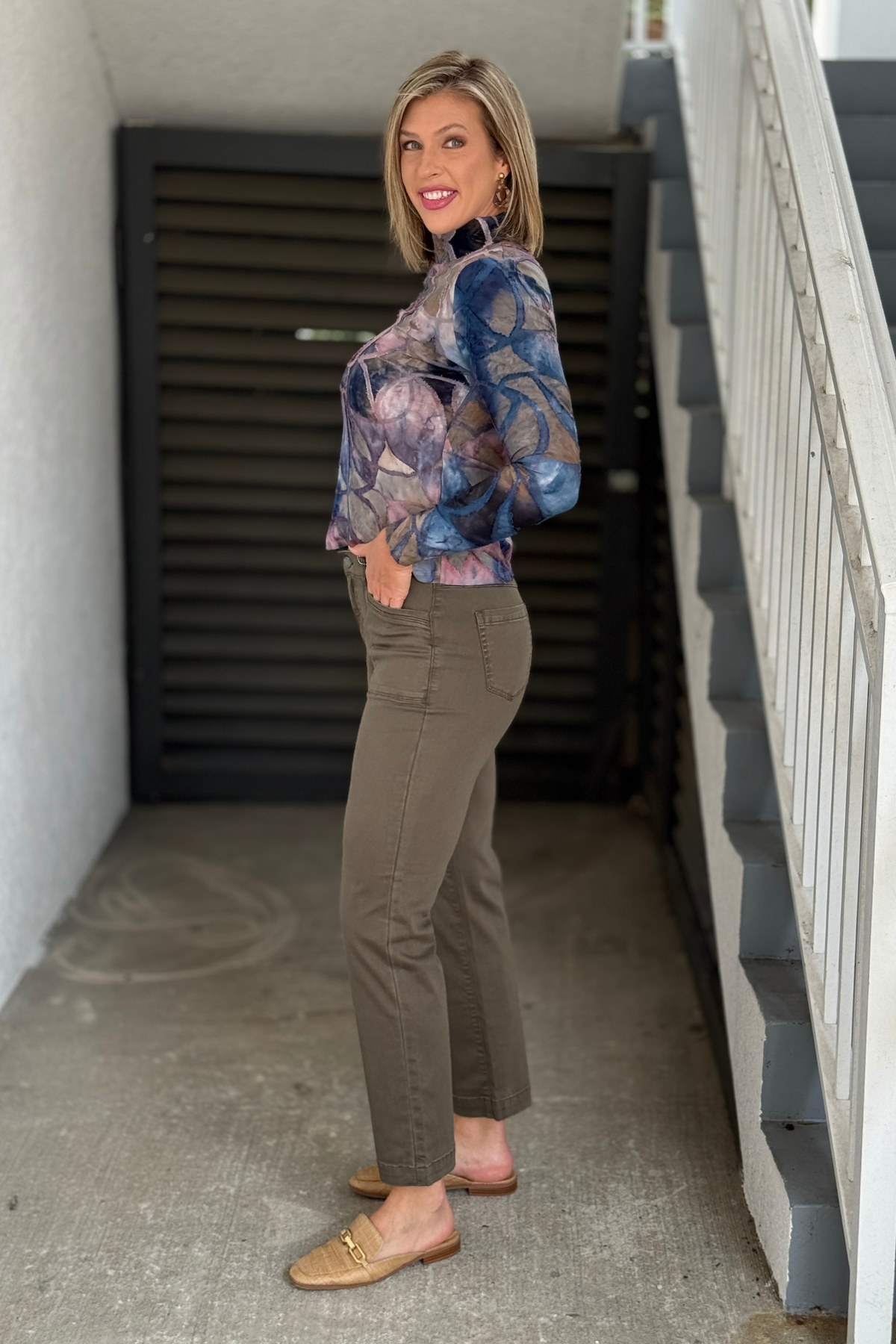 FDJ Christina olive straight leg jeans styled with printed mesh top