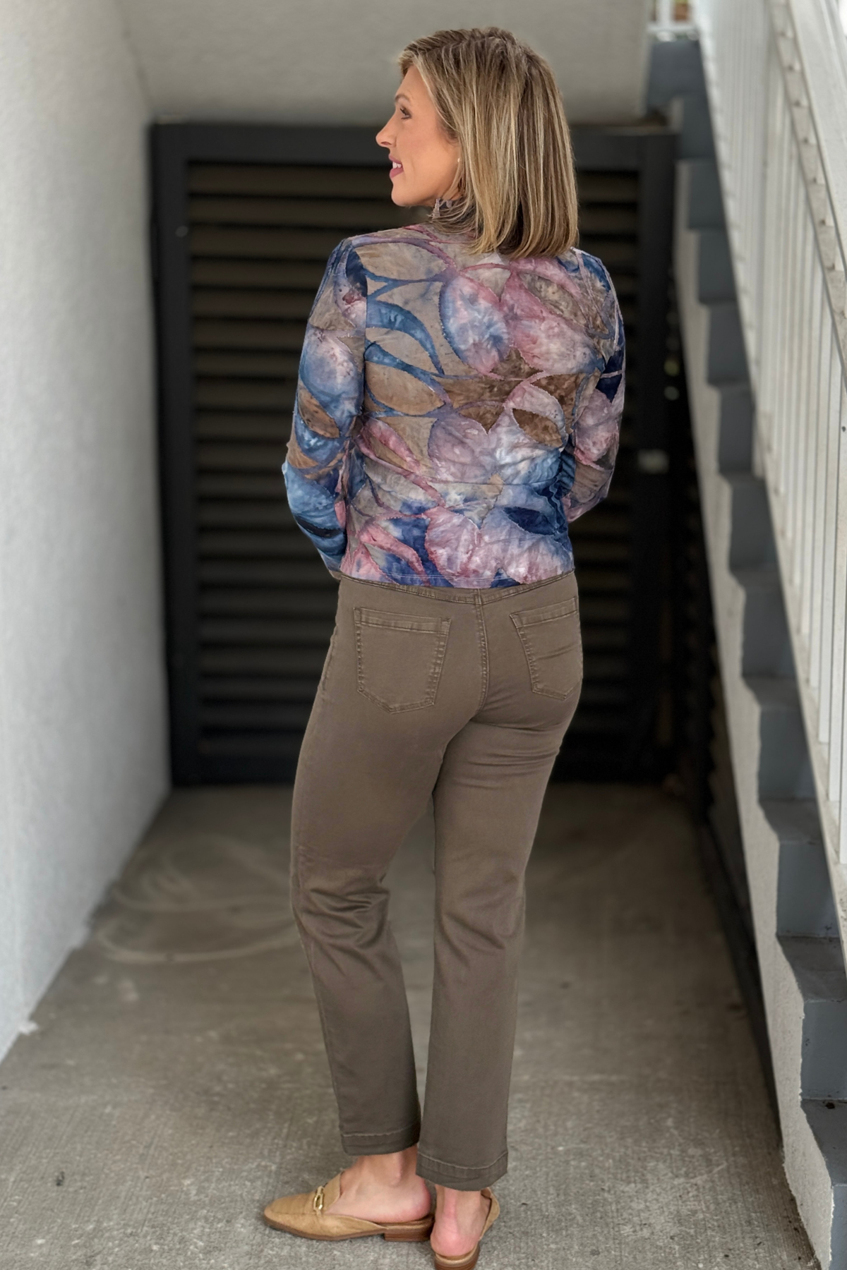Women’s olive stretch denim with 30-inch straight leg fit