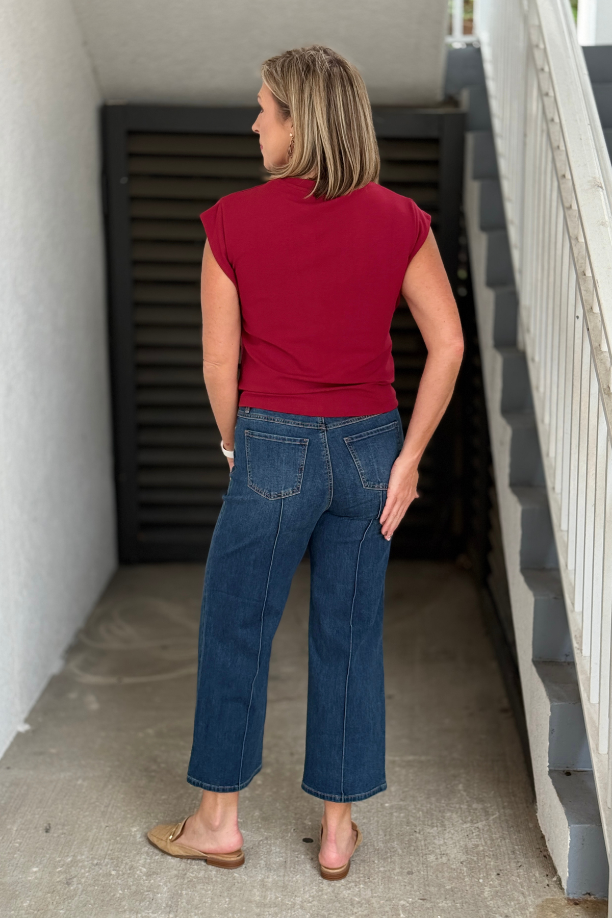 Dark wash FDJ wide ankle jeans side view