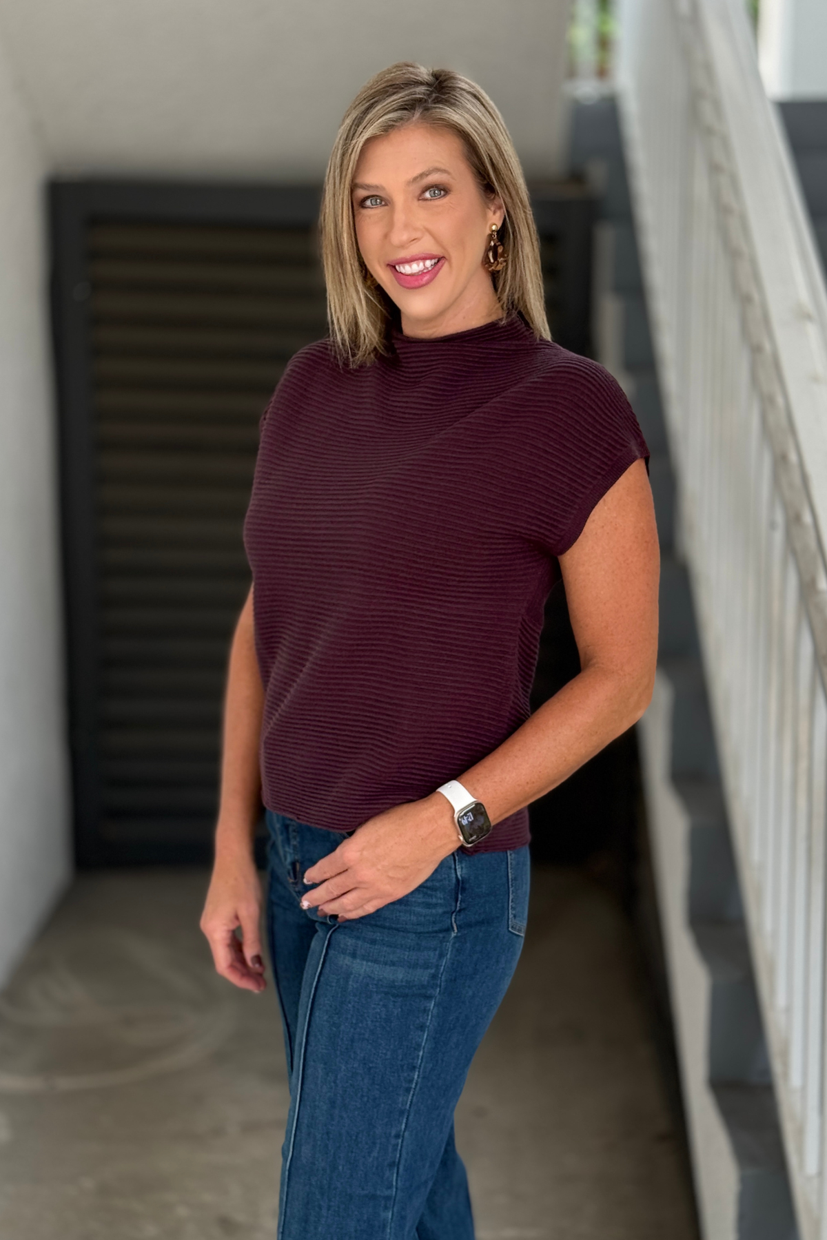 FDJ Ottoman Cap Sleeve Mock Neck Sweater in Fig front view
