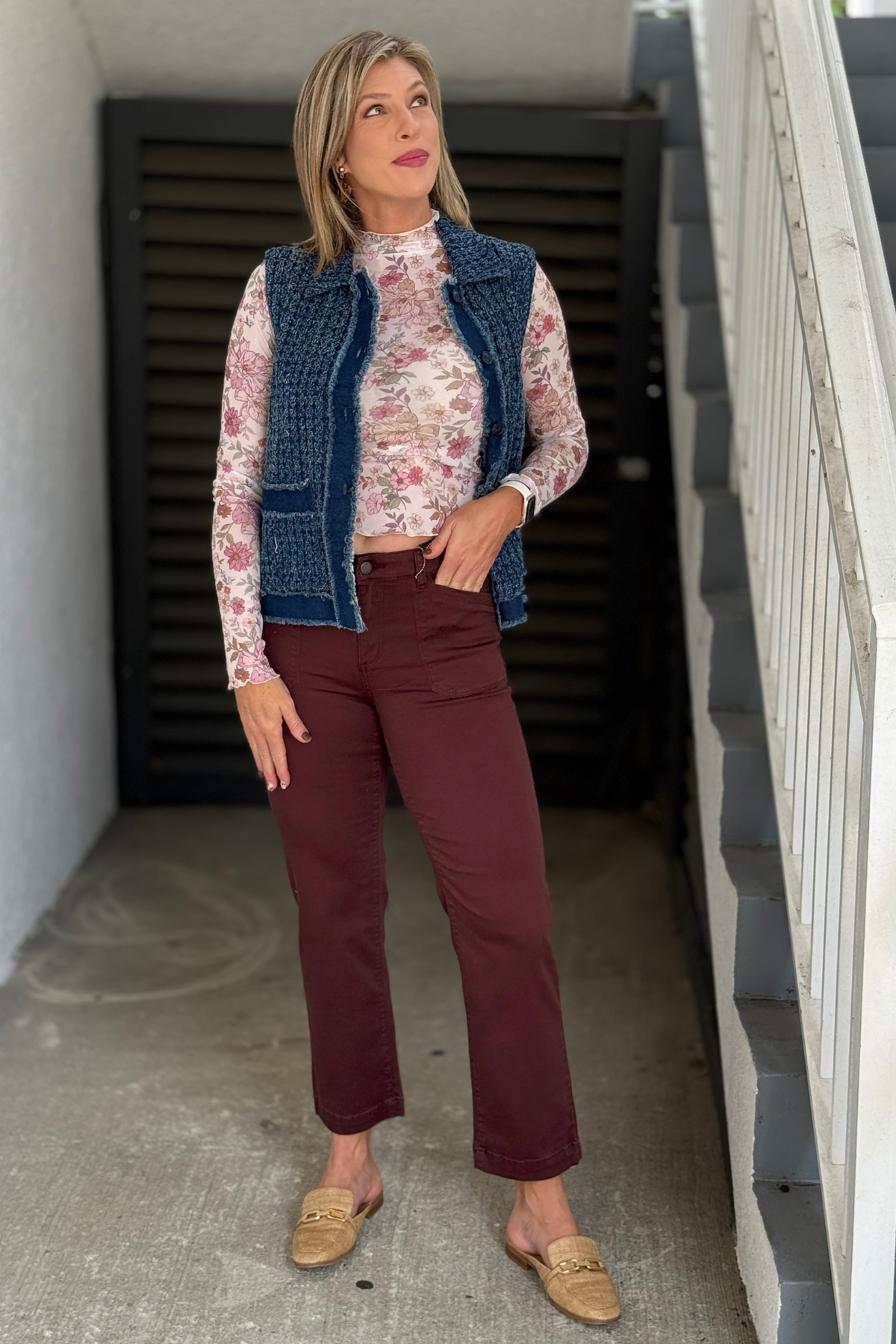 Women’s FDJ Fig straight leg jeans styled with floral mesh top