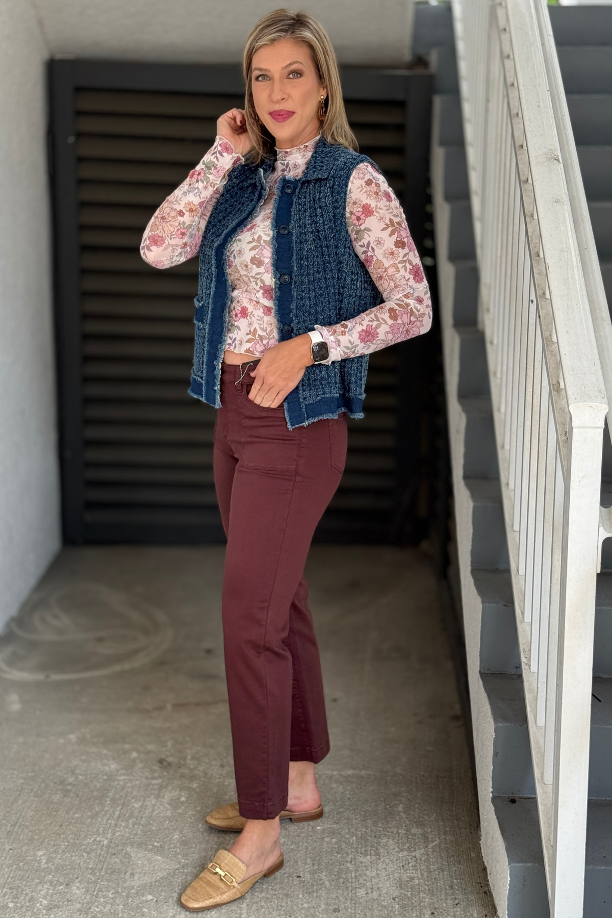 Clay Rose floral mesh top with thumb opening sleeves