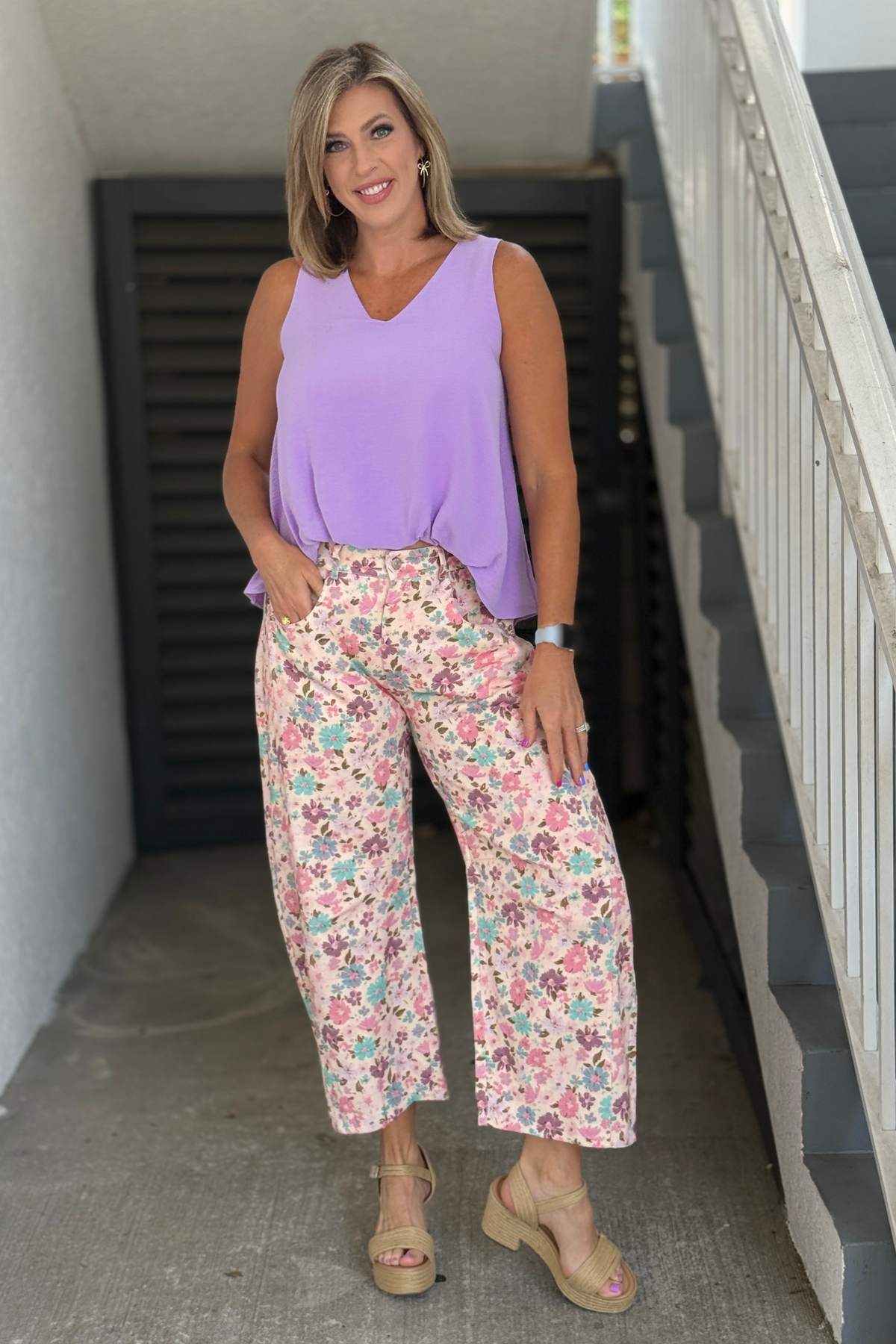 Lavender floral barrel leg pants front view