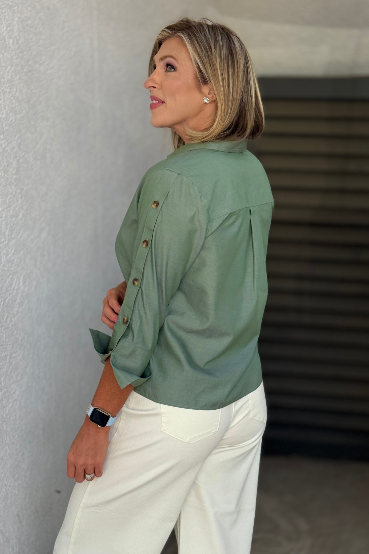 Women's Soft Olive no-iron boutique blouse styled with white denim