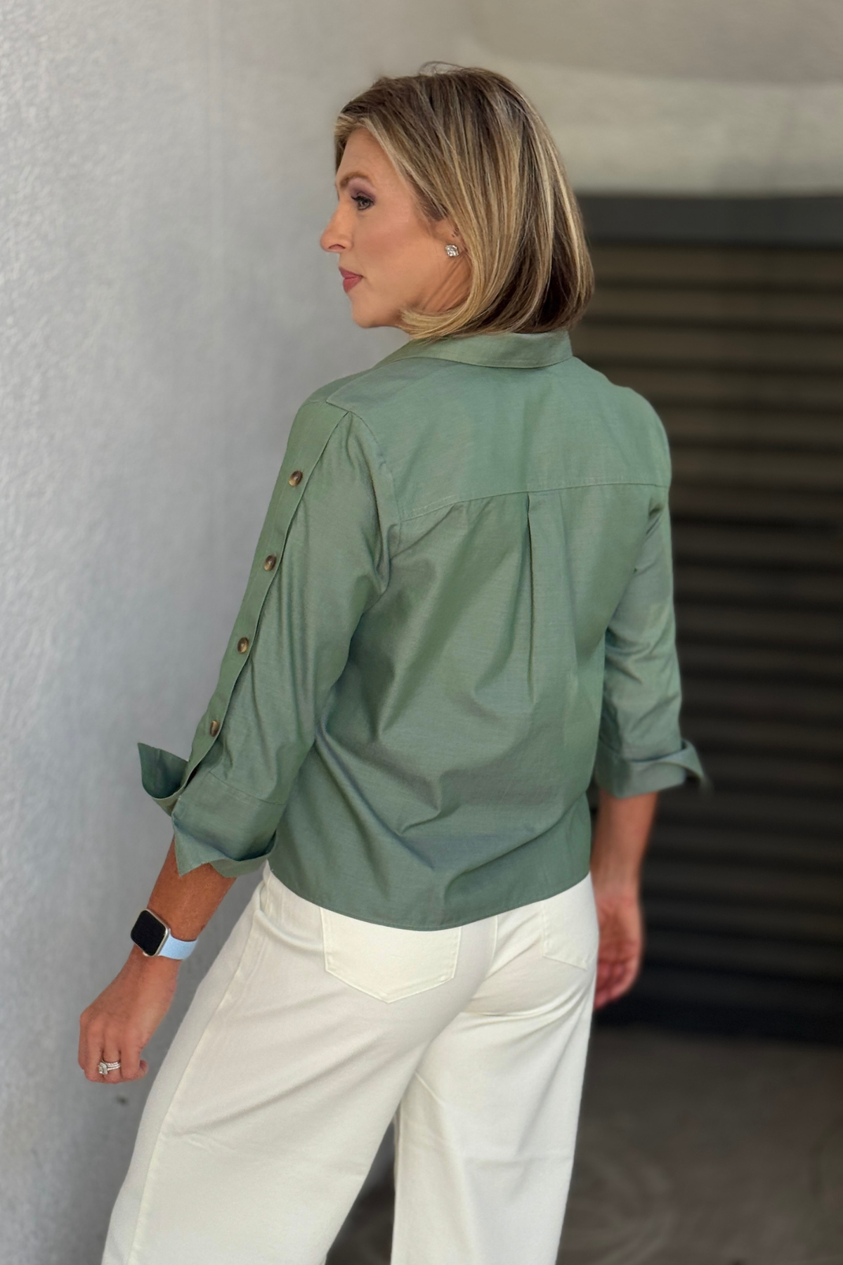 Back view of Foxcroft Lainey Button Sleeve Top in Soft Olive
