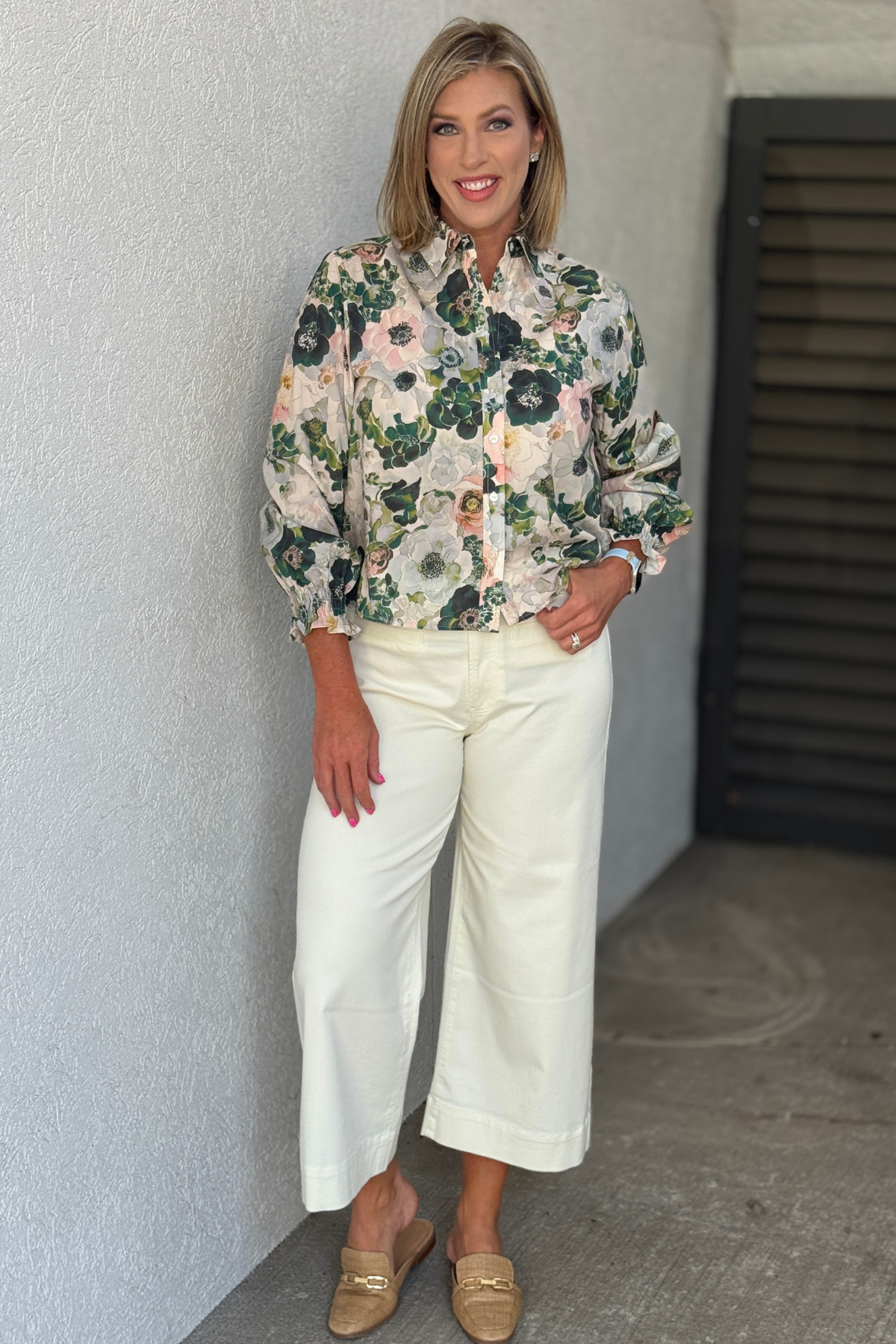 Painted bouquet floral boutique blouse styled with white denim