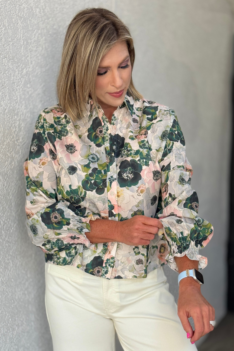 Foxcroft watercolor floral button front blouse
