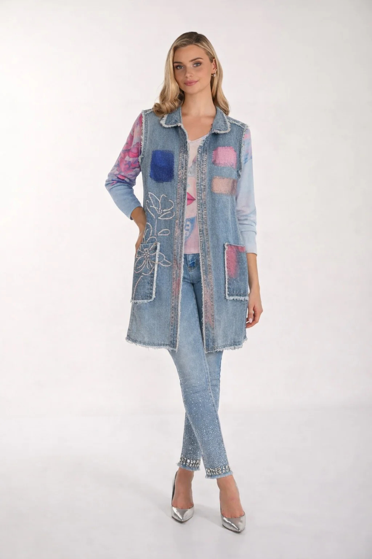 Boutique denim gilet with frayed trim and floral embossing
