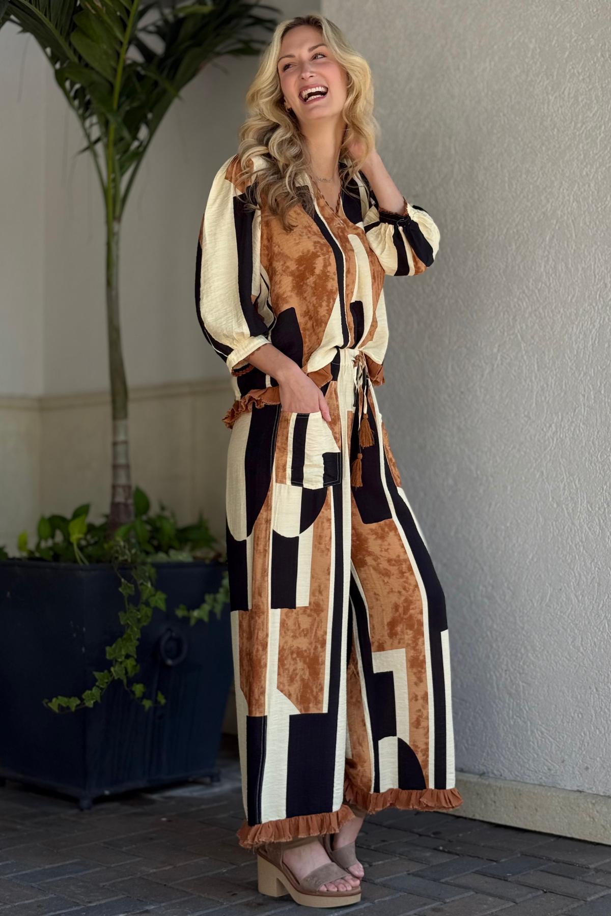 Arlo Abstract Tassel Drawstring Pants in Taupe
