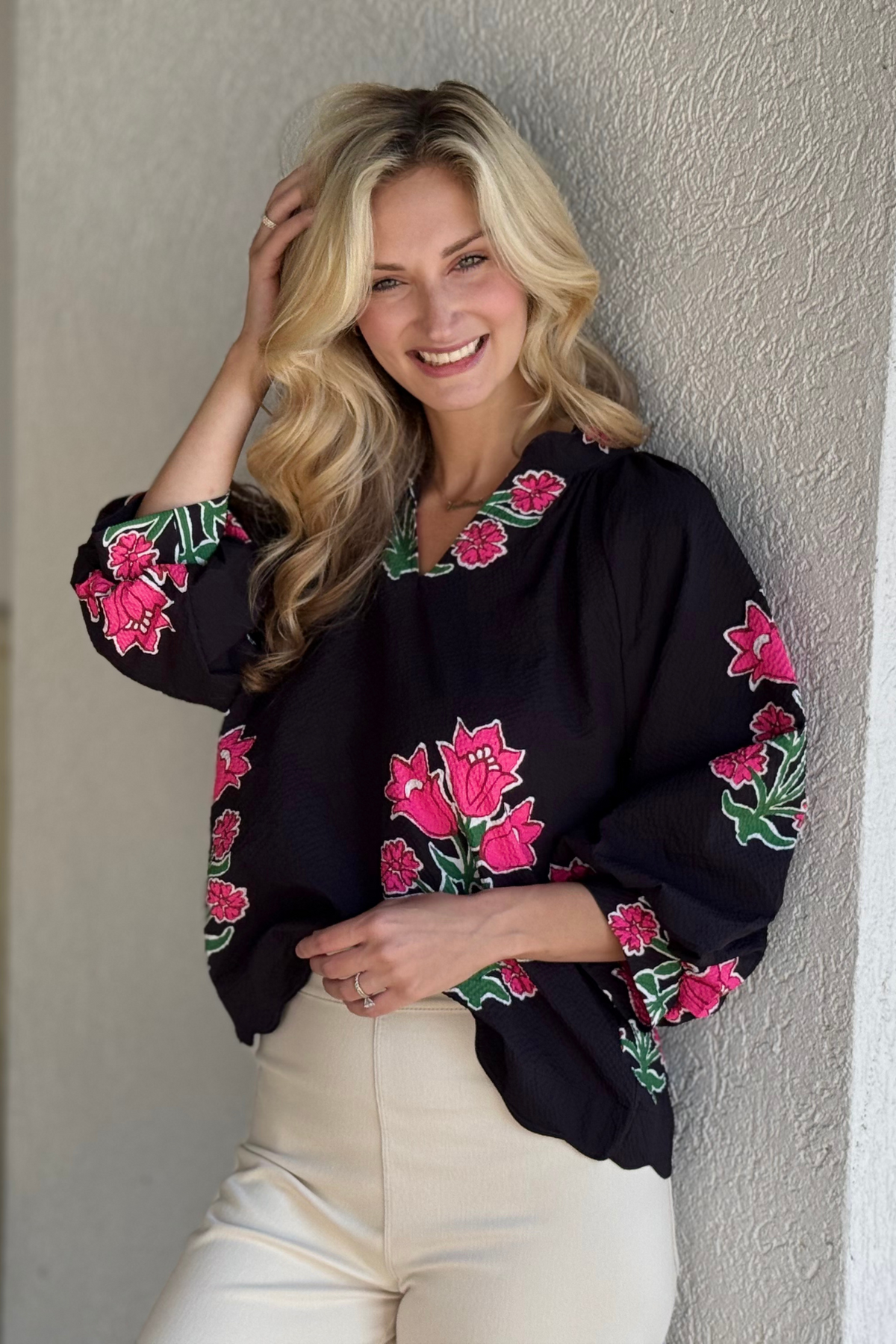Tulip Walk Printed Top in Black