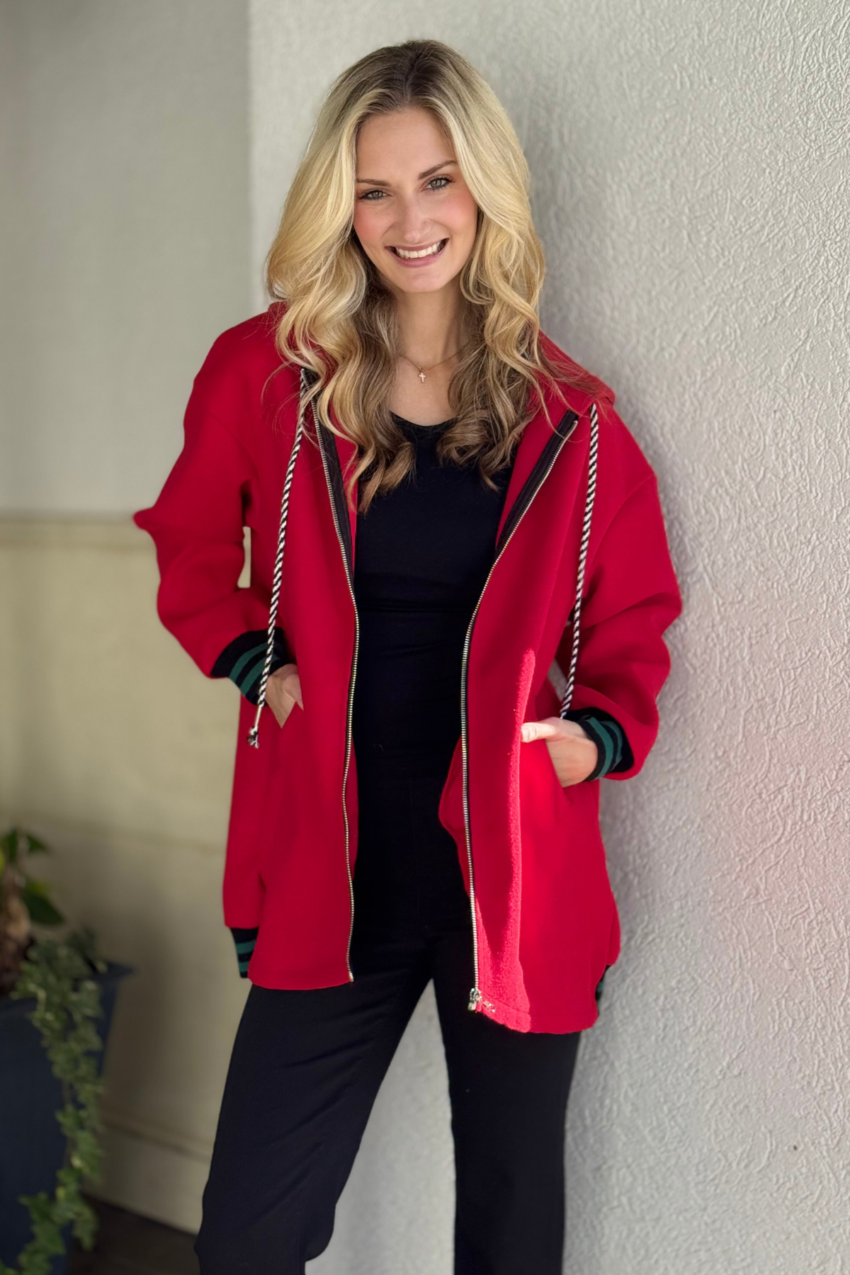 Casual red zip up hoodie for women