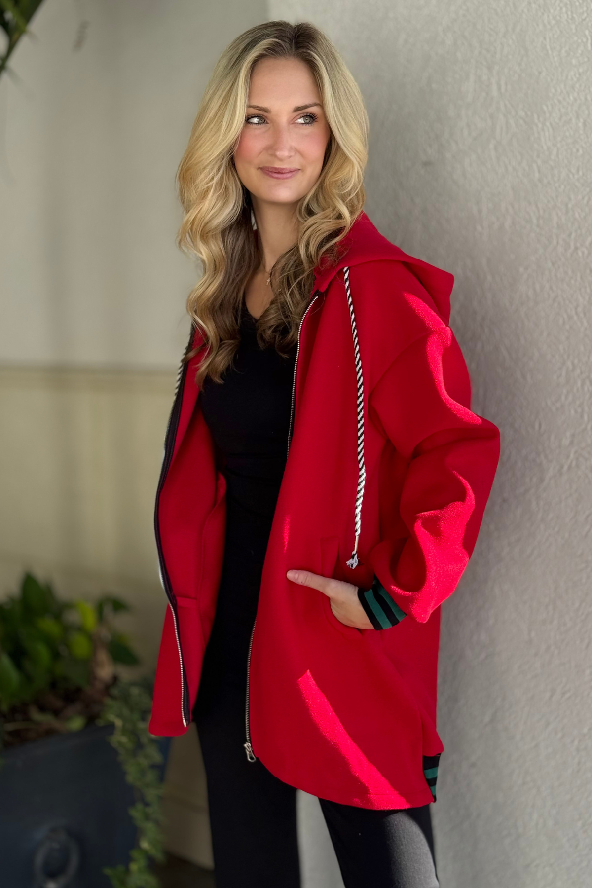 Red hoodie with rope drawstrings