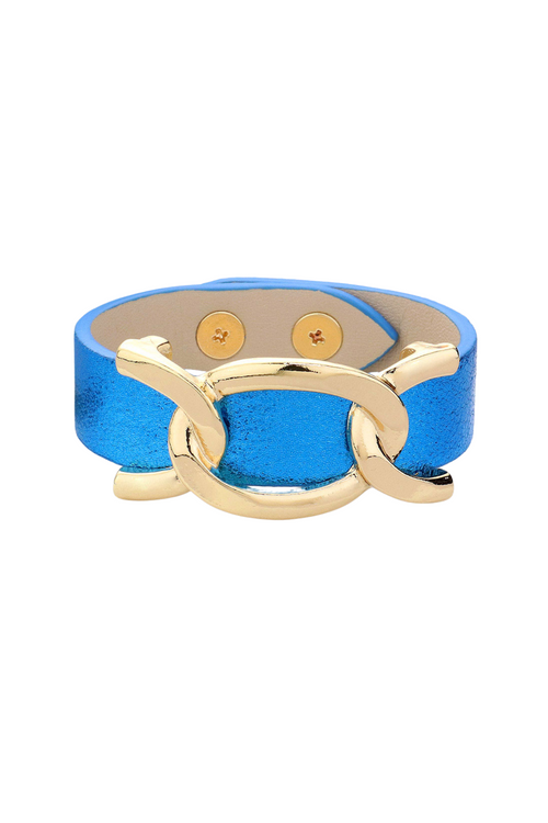 Faux Sparkle Leather Metal Link Accented Snap Bracelet