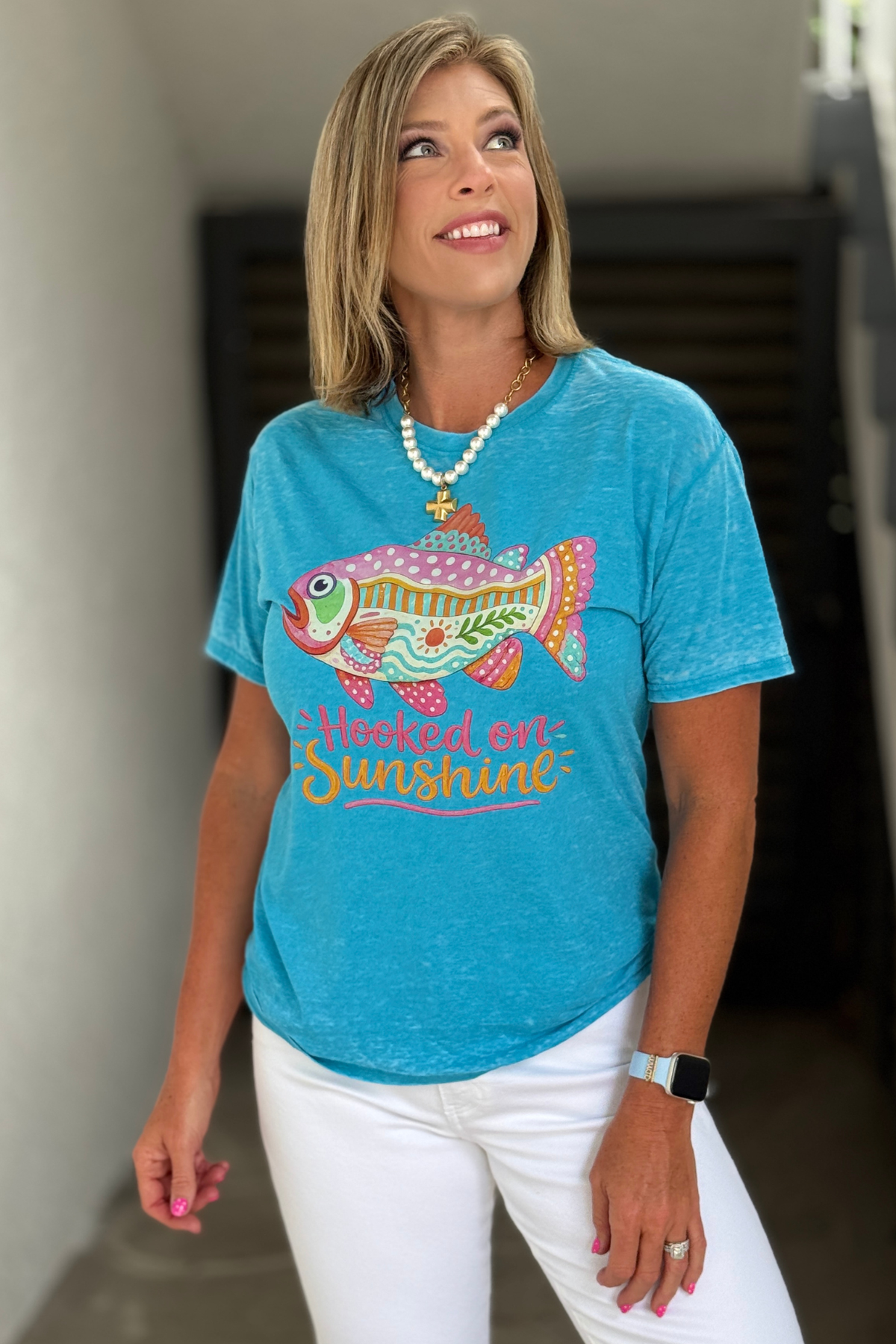 Women's turquoise fish graphic t-shirt