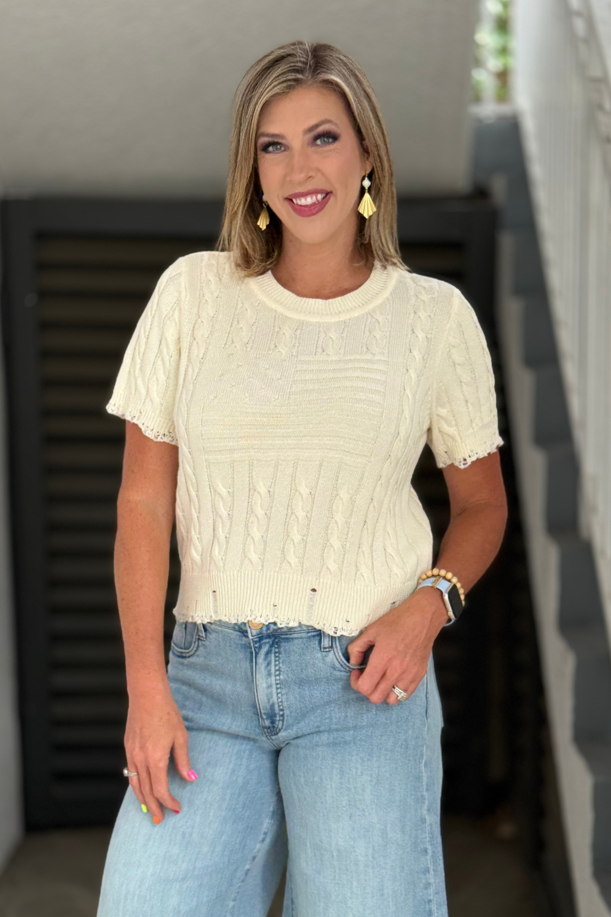 Patriotic short sleeve cotton sweater with knit American flag detail