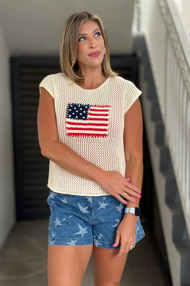Lightweight mesh knit patriotic sweater top for summer