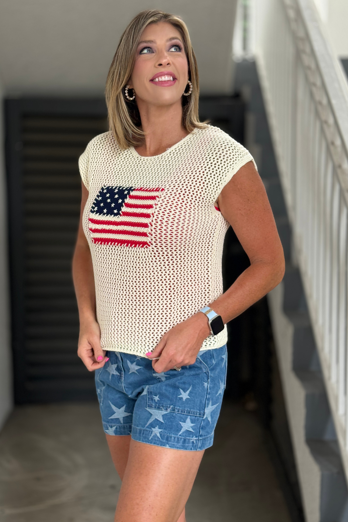 Cream open knit top with textured American flag detail