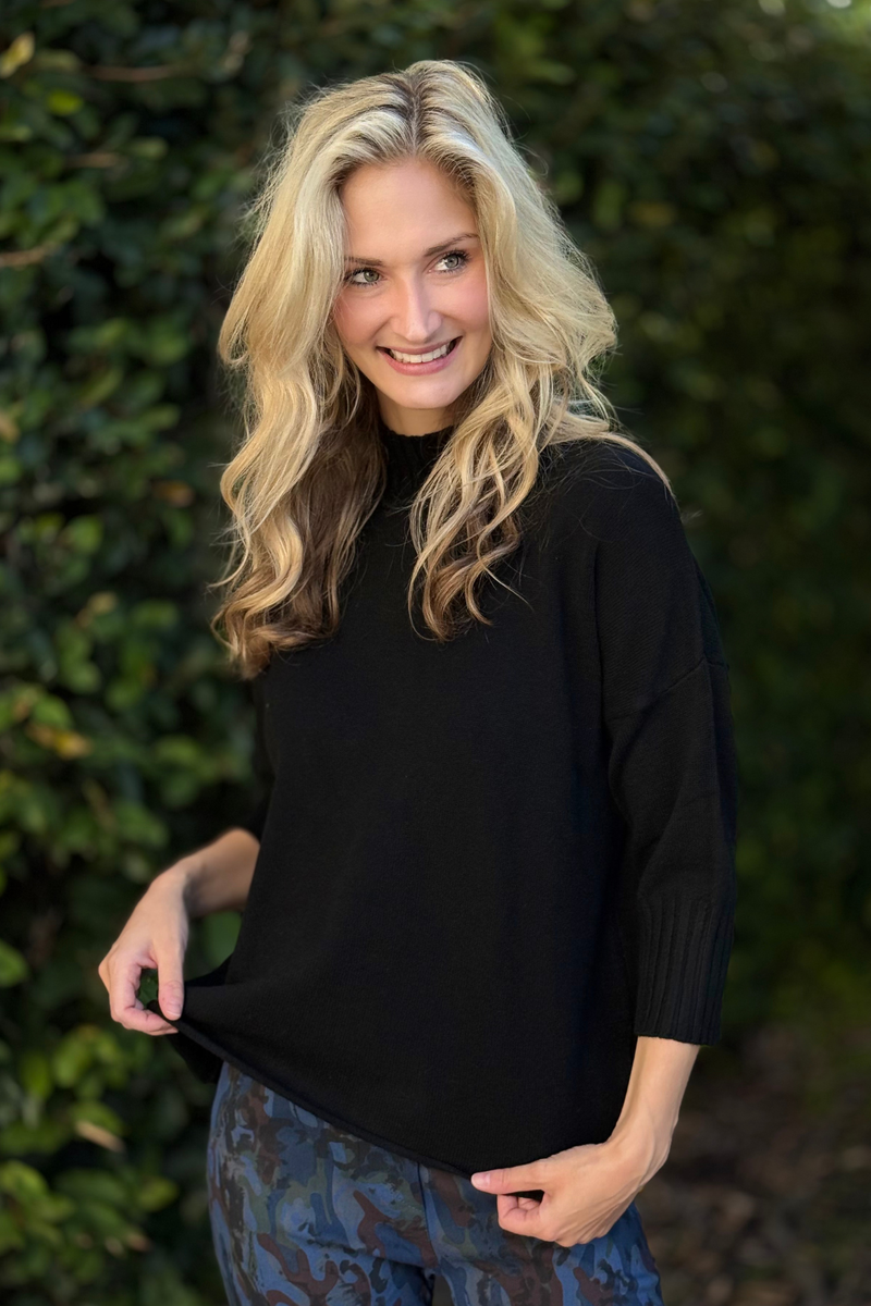 Women’s Italian black knit sweater with mock neckline