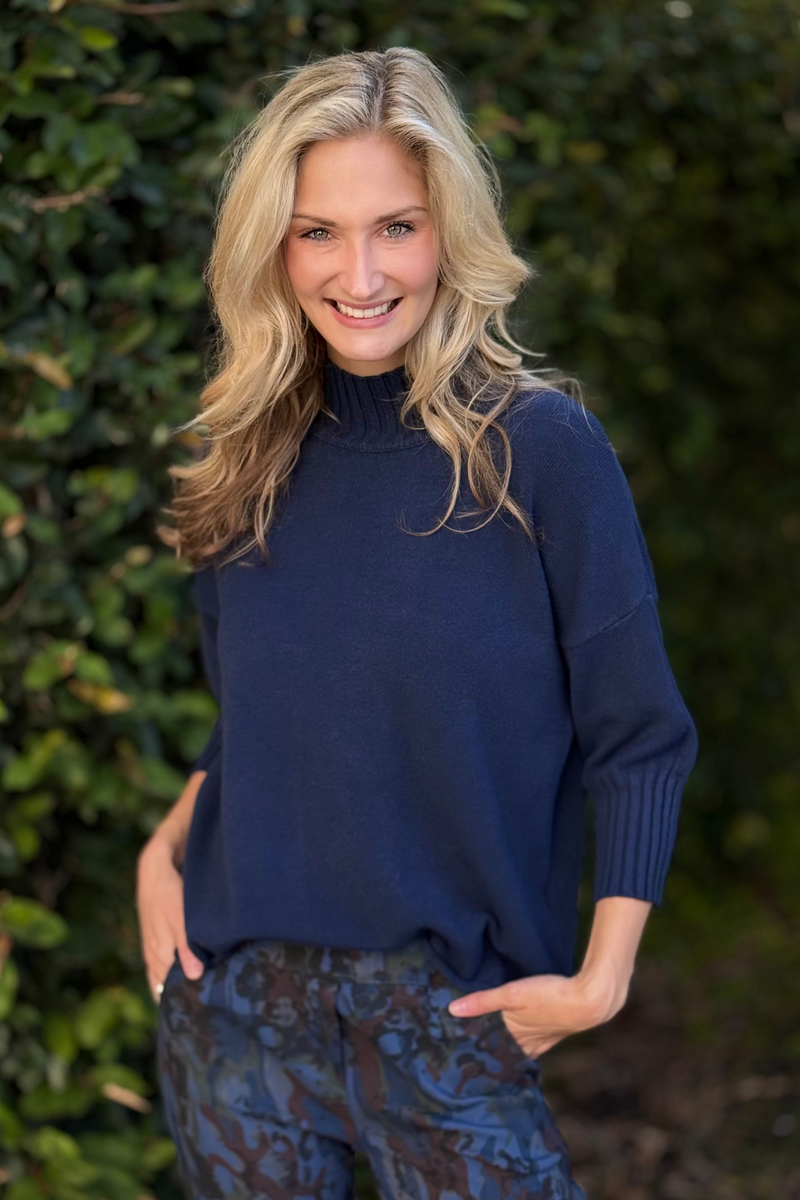 Women’s Italian navy knit sweater with mock neckline