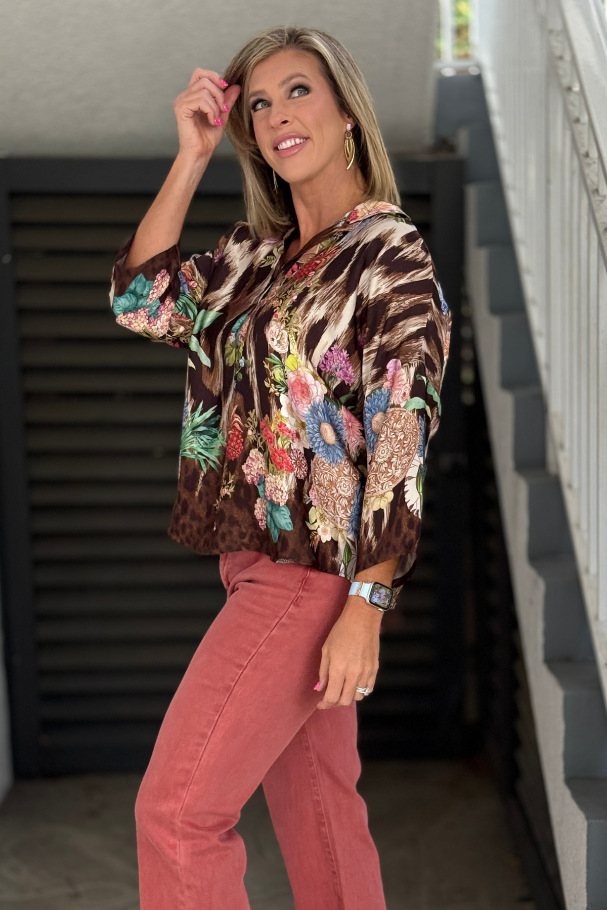 Made in Italy brown mixed print women's blouse