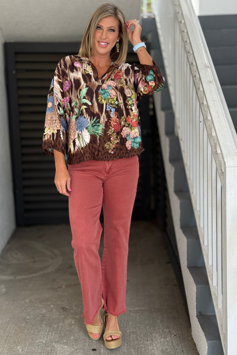 Lightweight floral and animal print blouse in brown