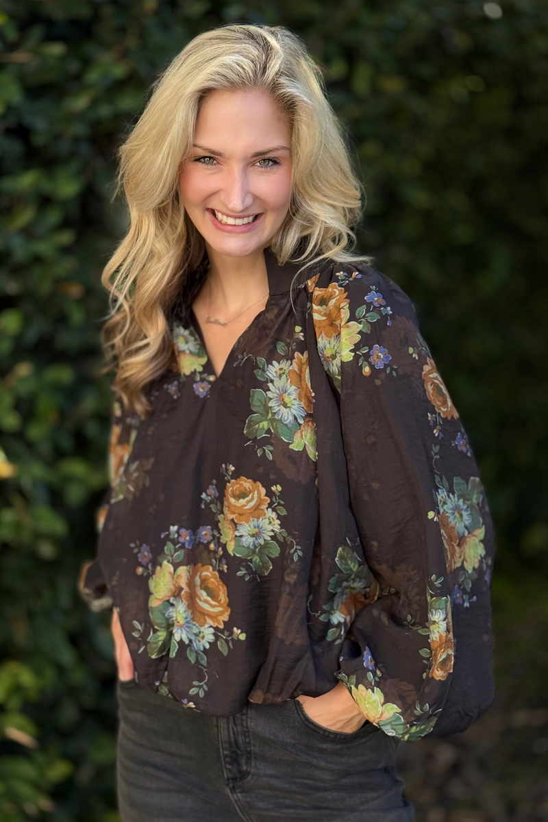 Chocolate Floral Puff Sleeve Blouse – Sleeve and Fabric Close-Up