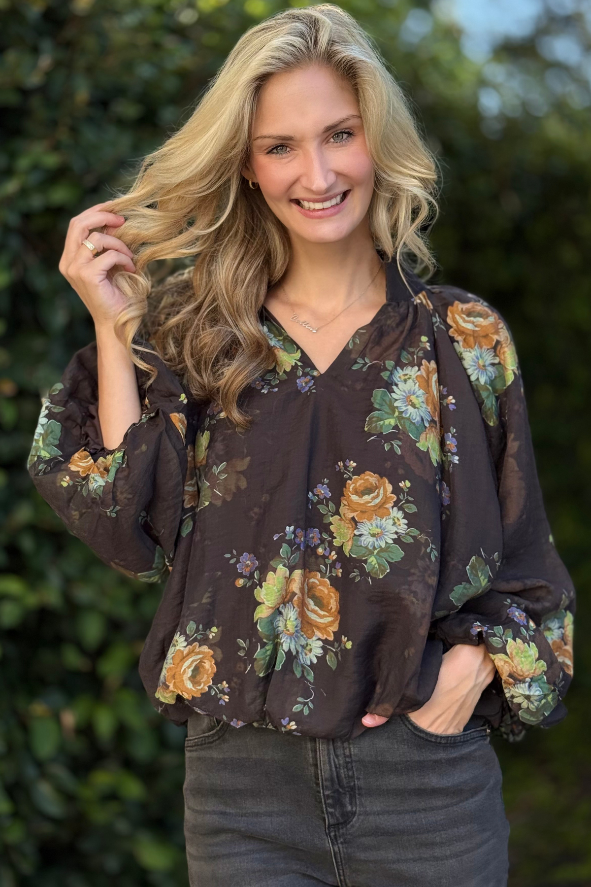 Chocolate Floral Puff Sleeve Blouse – Shirred Neckline Detail