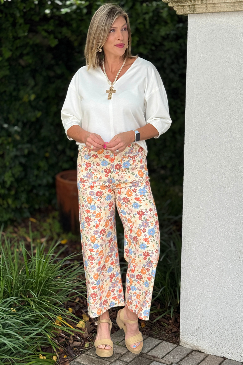 High waisted floral wide leg jeans for women