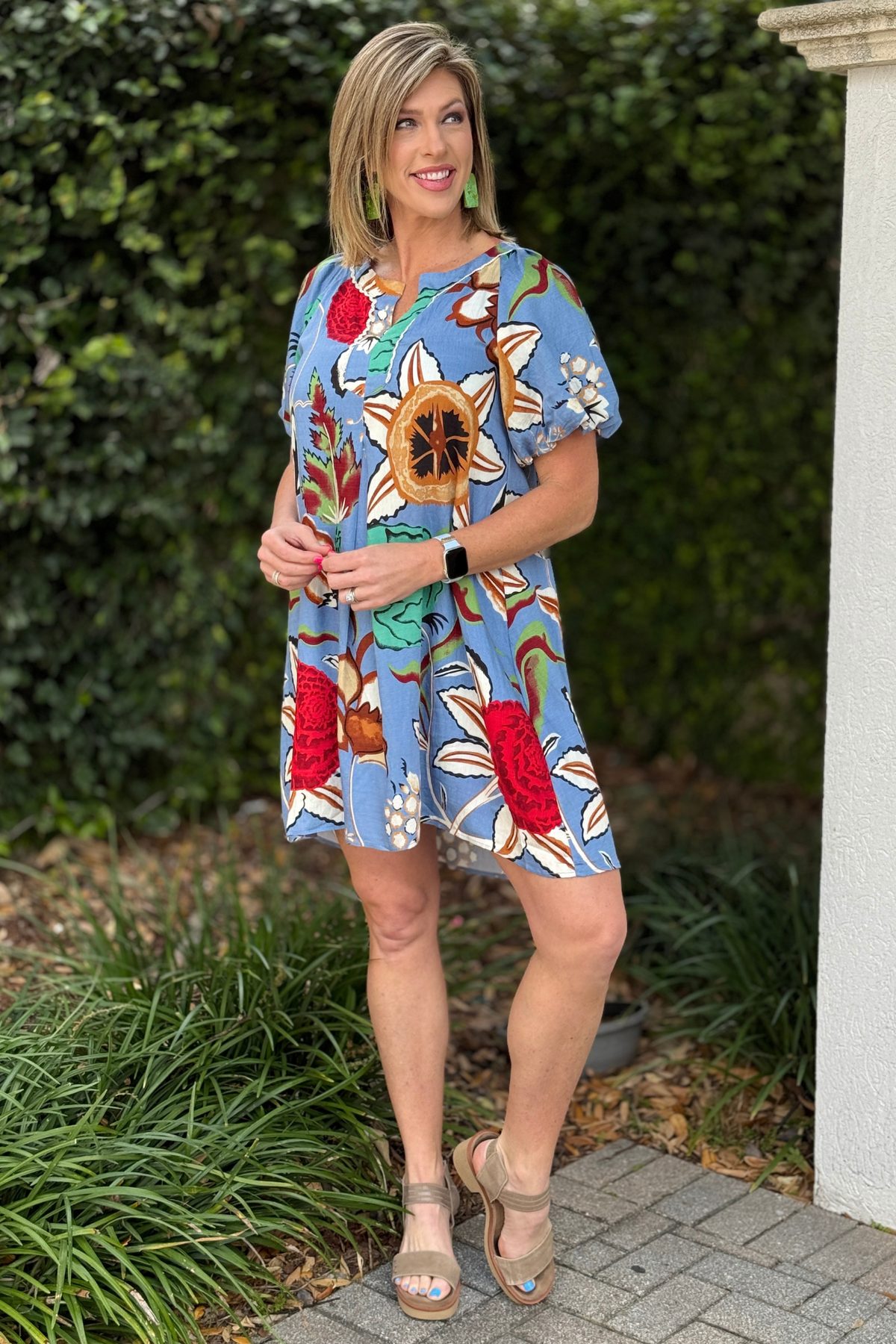 Denim blend lined floral mini dress