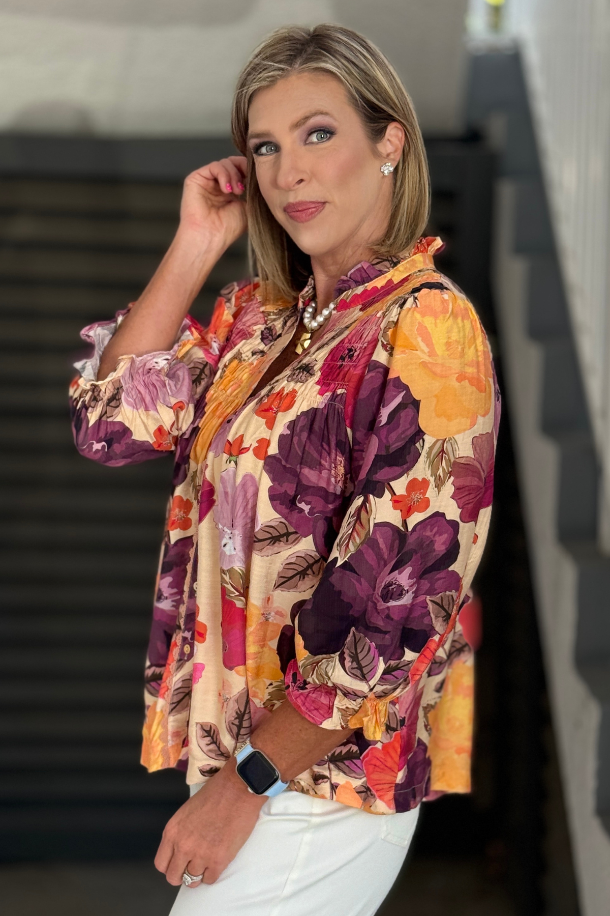 Flowy floral button down blouse for women