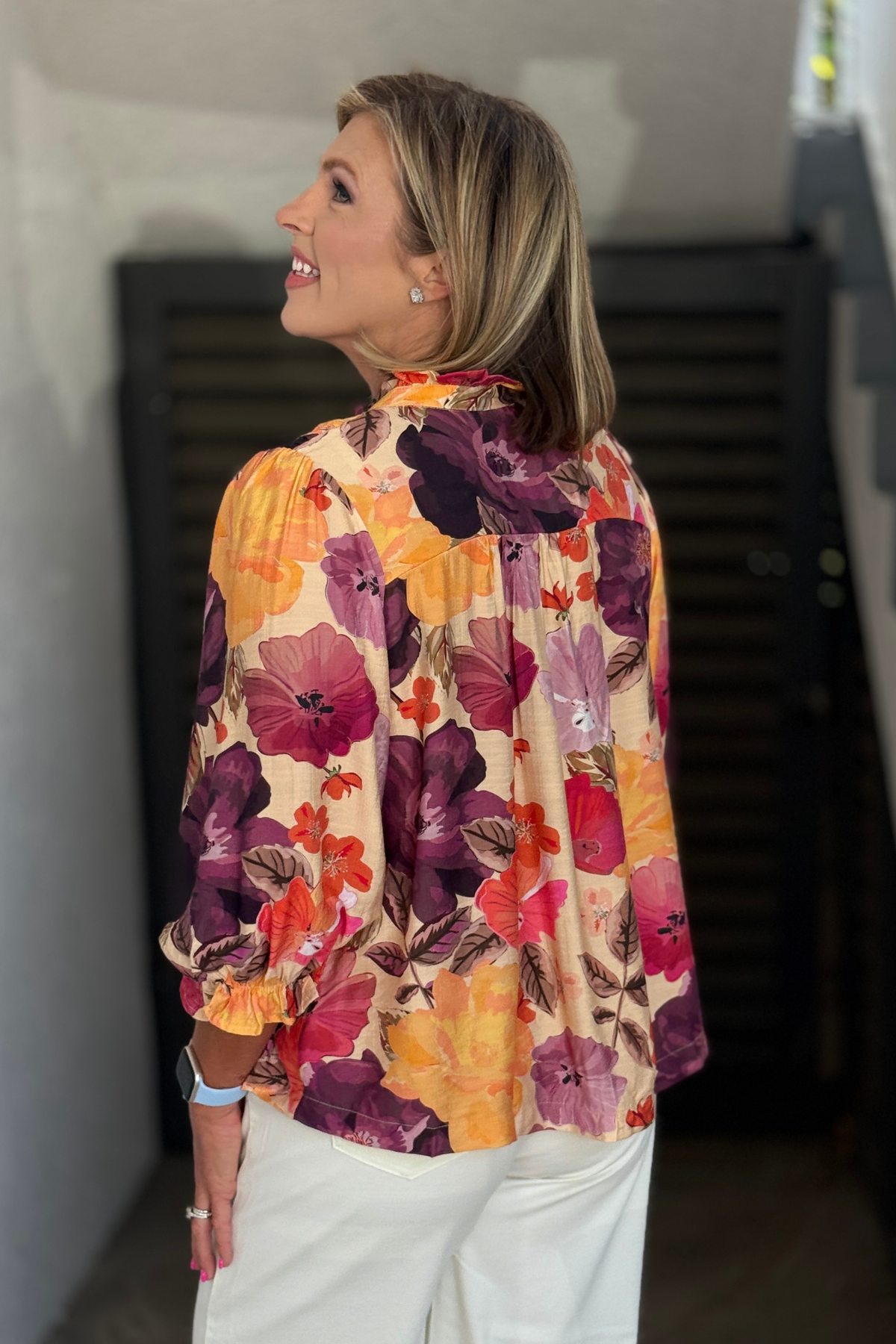 Lightweight floral transition-to-fall blouse